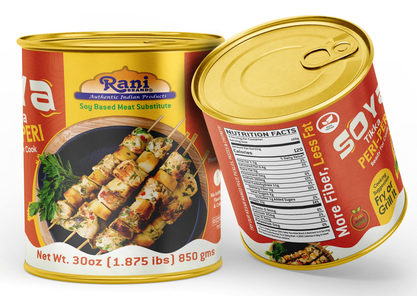 Rani Soya Tikka Peri-Peri 30Oz (1.875Lbs) 850G, Pack Of 2, Ready For Cook ~ Easy Open Lid | All Natural | Vegan | No Colors | No