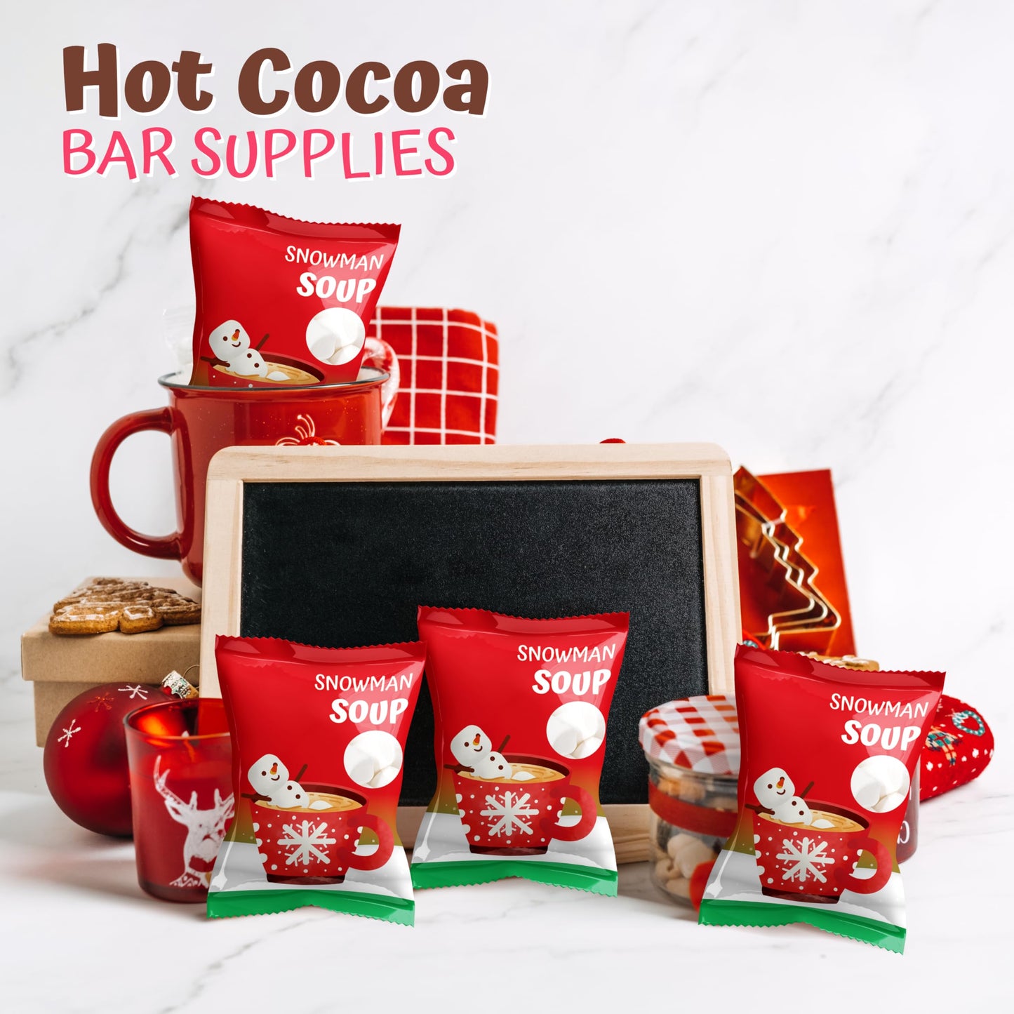 4Es Novelty 50 Packs Snowman Soup Mini Marshmallow Packets  Vanilla Flavored  14 Marshmallows in Each Bag  Bulk Individually Wrapped Christmas Marshmallows For Hot Chocolate Bar Supplies Party