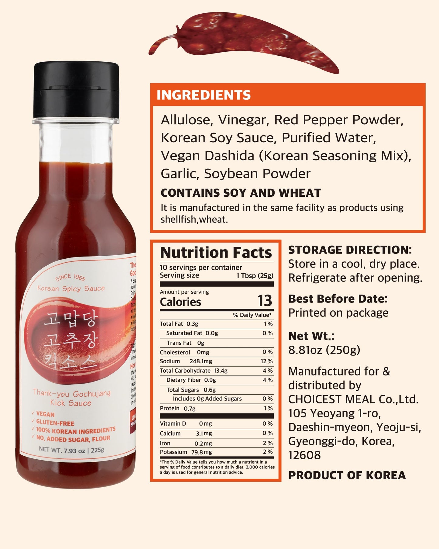 Thank-You Gochujang Kick Sauce - Lower Sugar Korean Hot Chili Pepper - Tangy And Sweet Flavor, Perfectly Blended Flavors - Quino