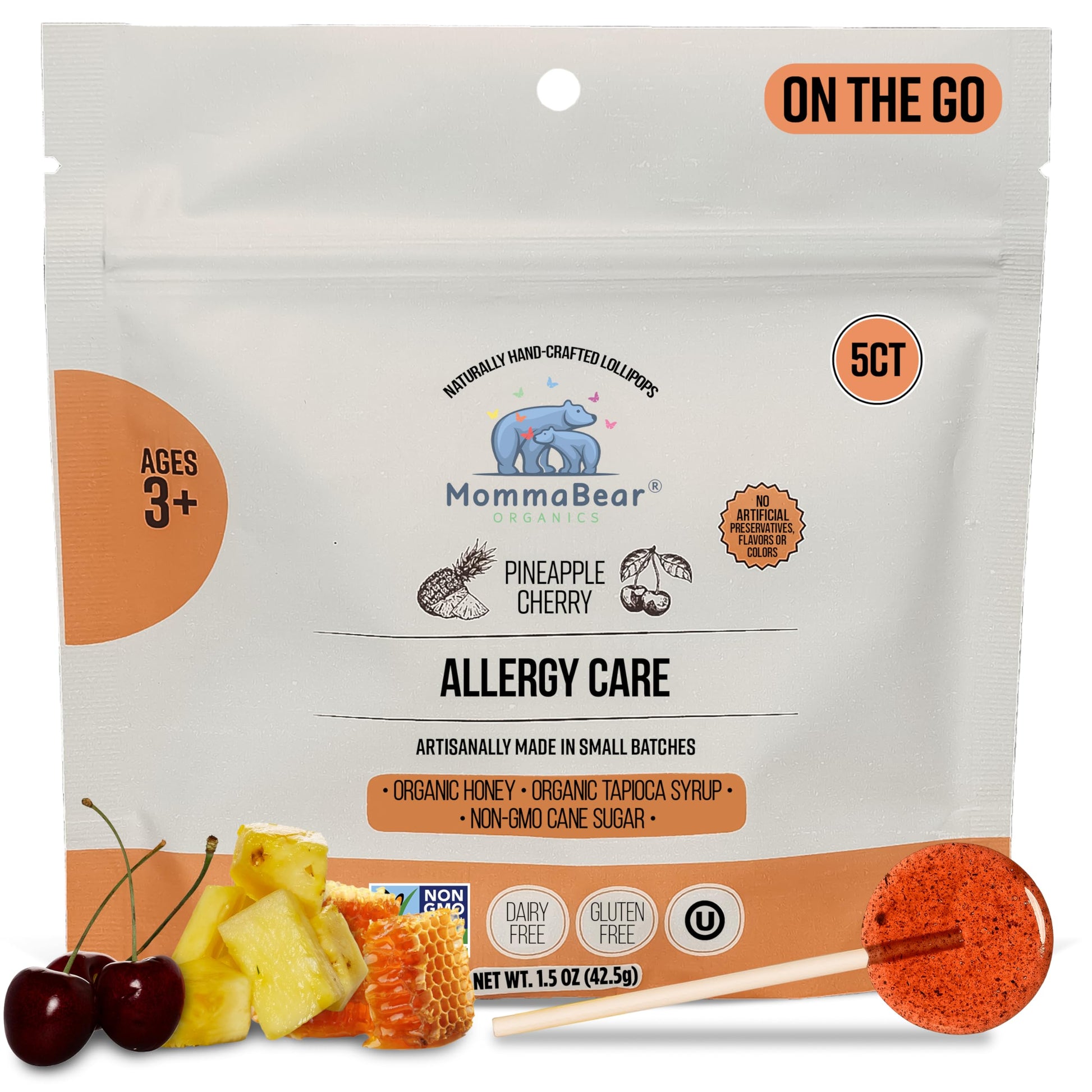 MommaBear Allergy Care Organic Lollipops - Pineapple, Tart Cherry & Honey Healthy Snacks for Kids 3+ - Allergy Soothing, Support