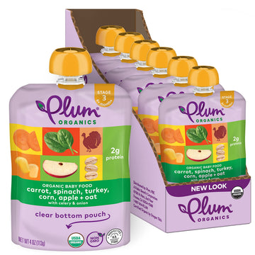 Plum Organics Stage 3 Organic Baby Food - Carrot, Spinach, Turkey, Corn, Apple, and Oat - 4 oz Pouch (Pack of 6) - Organic Baby 