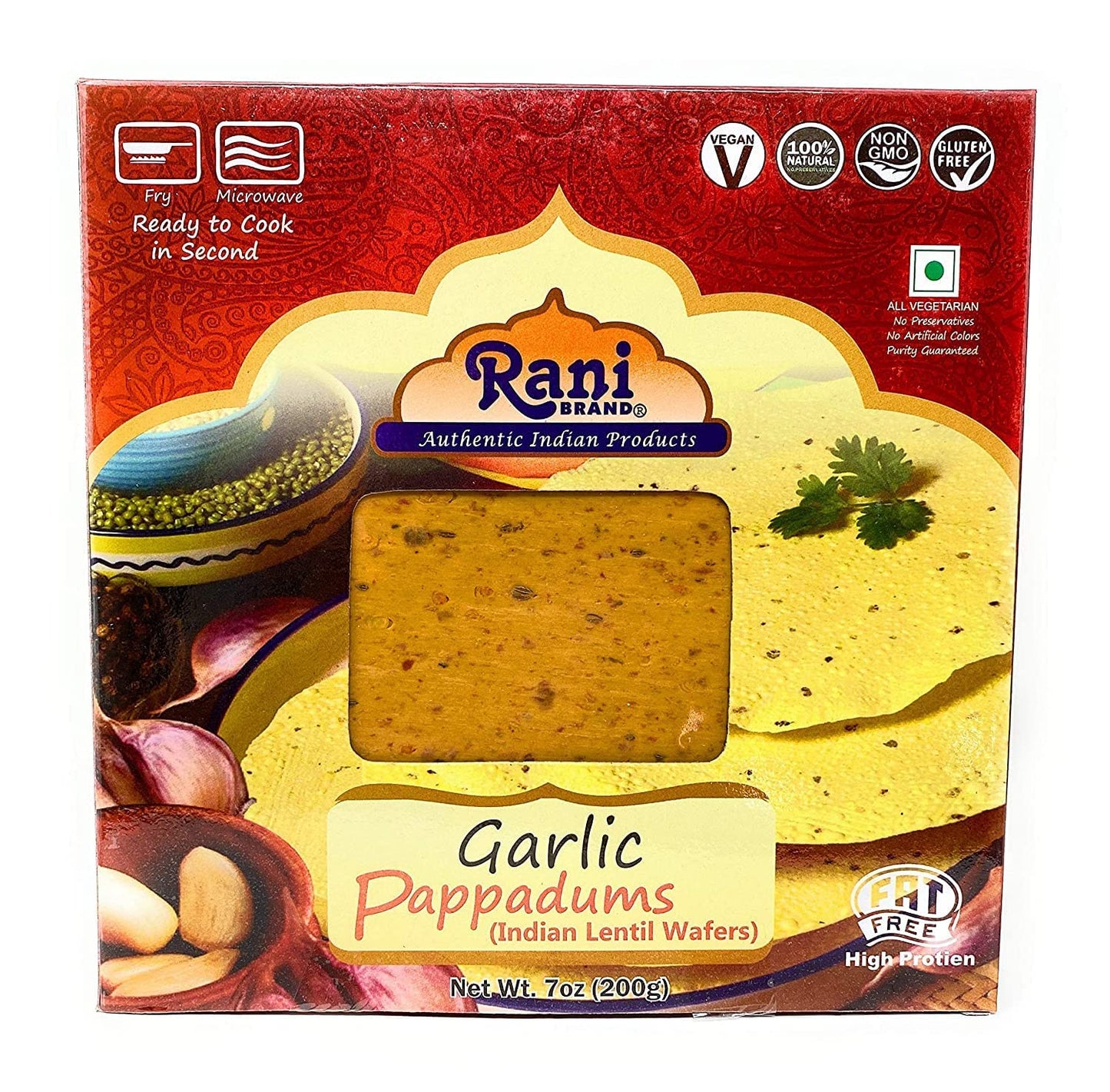 Rani Pappadums (Indian Lentil Wafer Snack) Garlic Papad 7Oz (200G) Approximately 15Pc, 7 Inches, Pack Of 12 ~ All Natural | Glut
