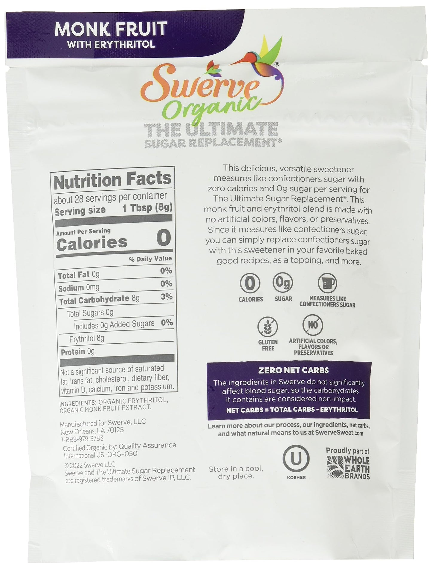 Swerve Organic Monk Fruit Blend Confectioners Sugar Replacement Sweetener, 8 Ounce