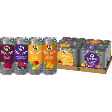 V8 Energy Variety Pack, Pomegranate Blueberry, Orange Pineapple, Peach Mango, Black Cherry, 8 Fl Oz, Pack of 24