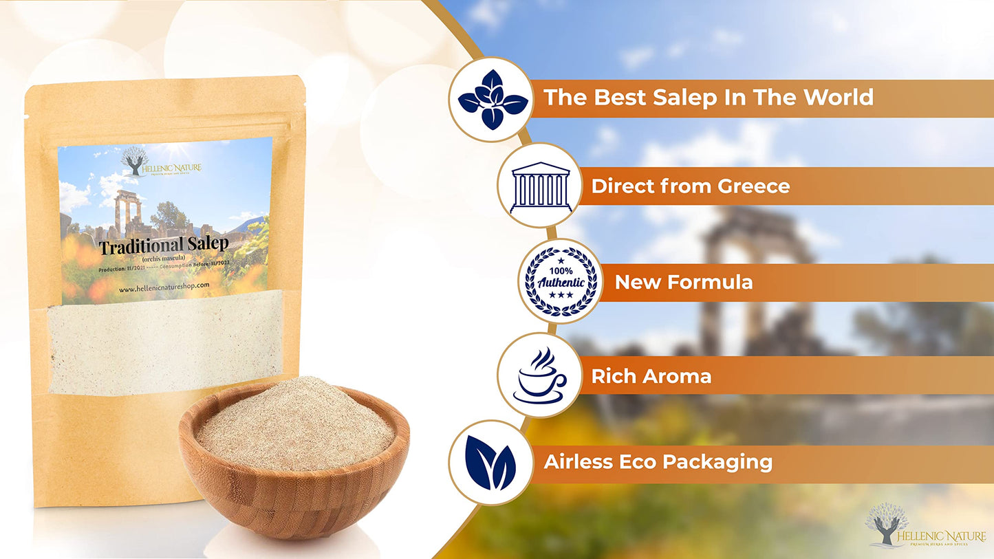 HELLENIC NATURE Traditional Salep Sahlep - Hot Drink in DoyPack with ZipLock, 2.82oz