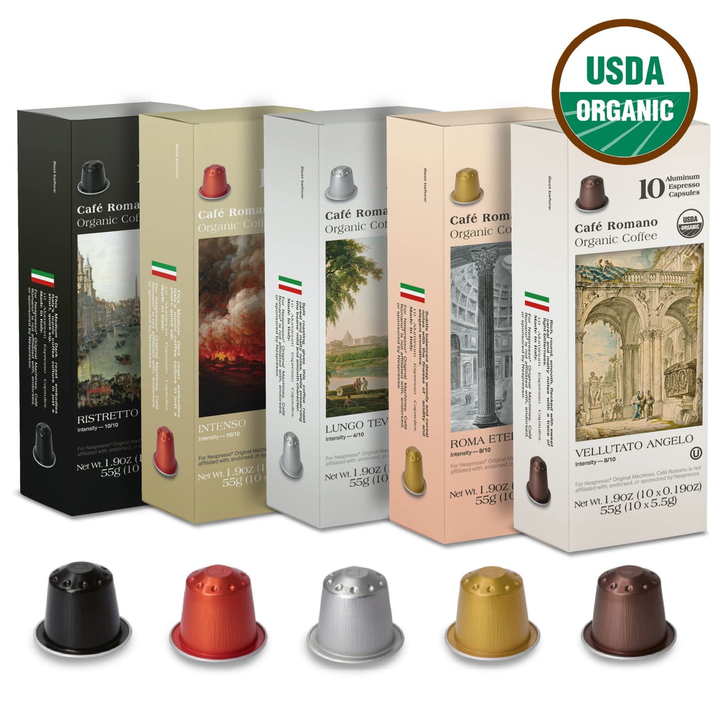 Café Romano Organic Espresso Pods for Nespresso Original Machine, Variety Pack, 100 Count