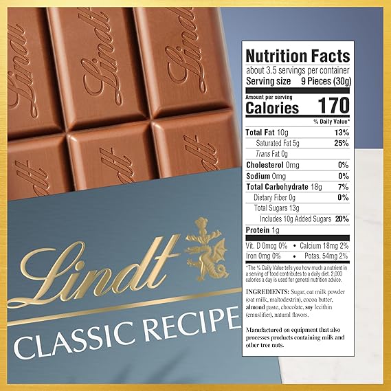 Lindt CLASSIC RECIPE OAT MILK Plain Chocolate Bar, 3.5 oz.