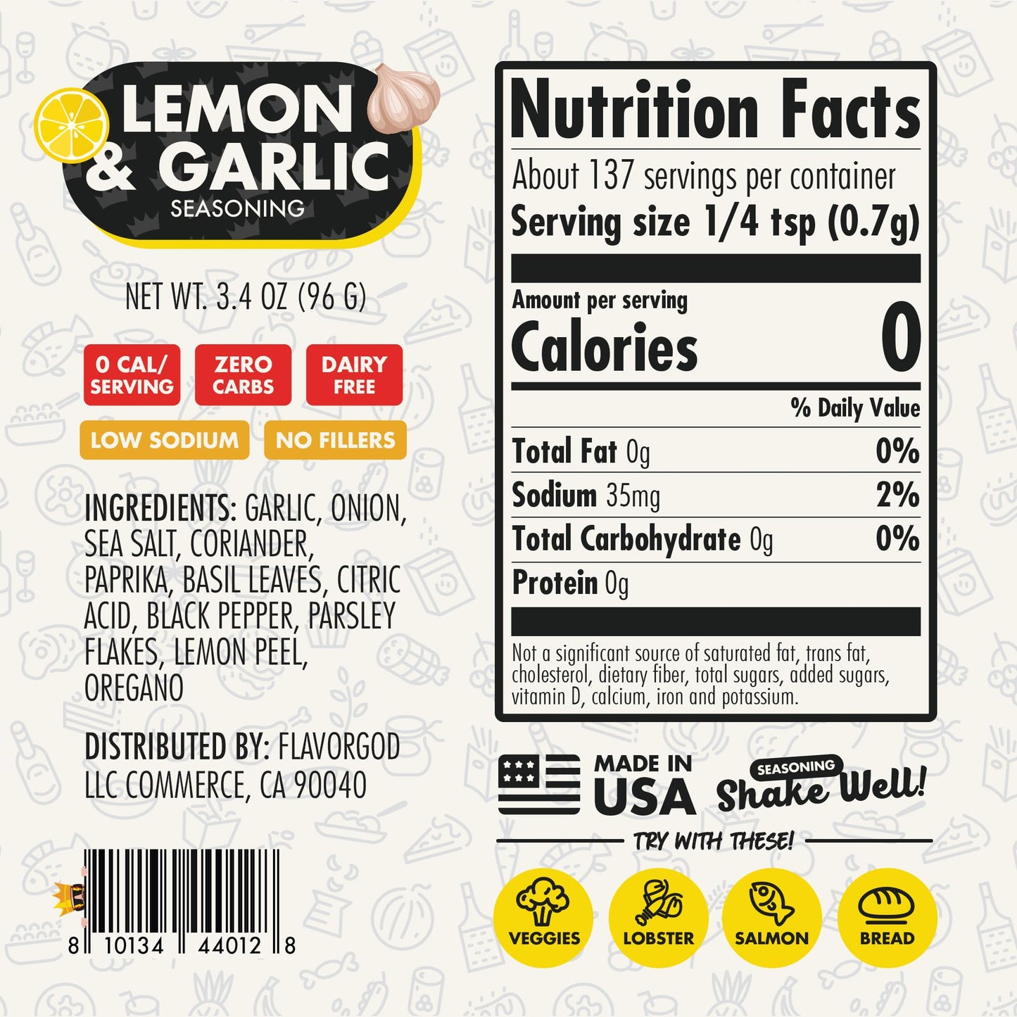 Flavor God Lemon Garlic Seasoning Mix - All Natural, Low Sodium, Vegan, Keto Friendly - Pack of 1
