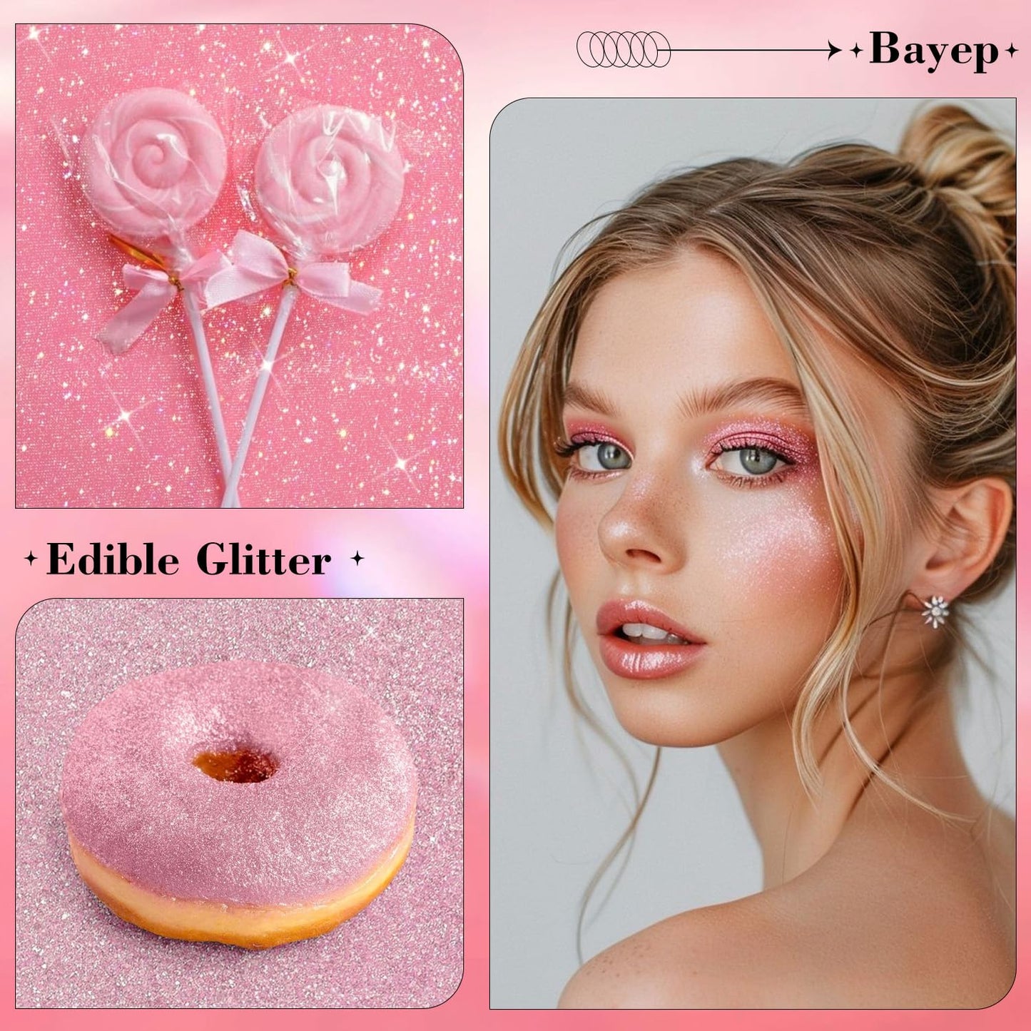 Bayep Shimmer Pink Edible Glitter for Drinks, 30g Luster Dust for Cakes and Parties