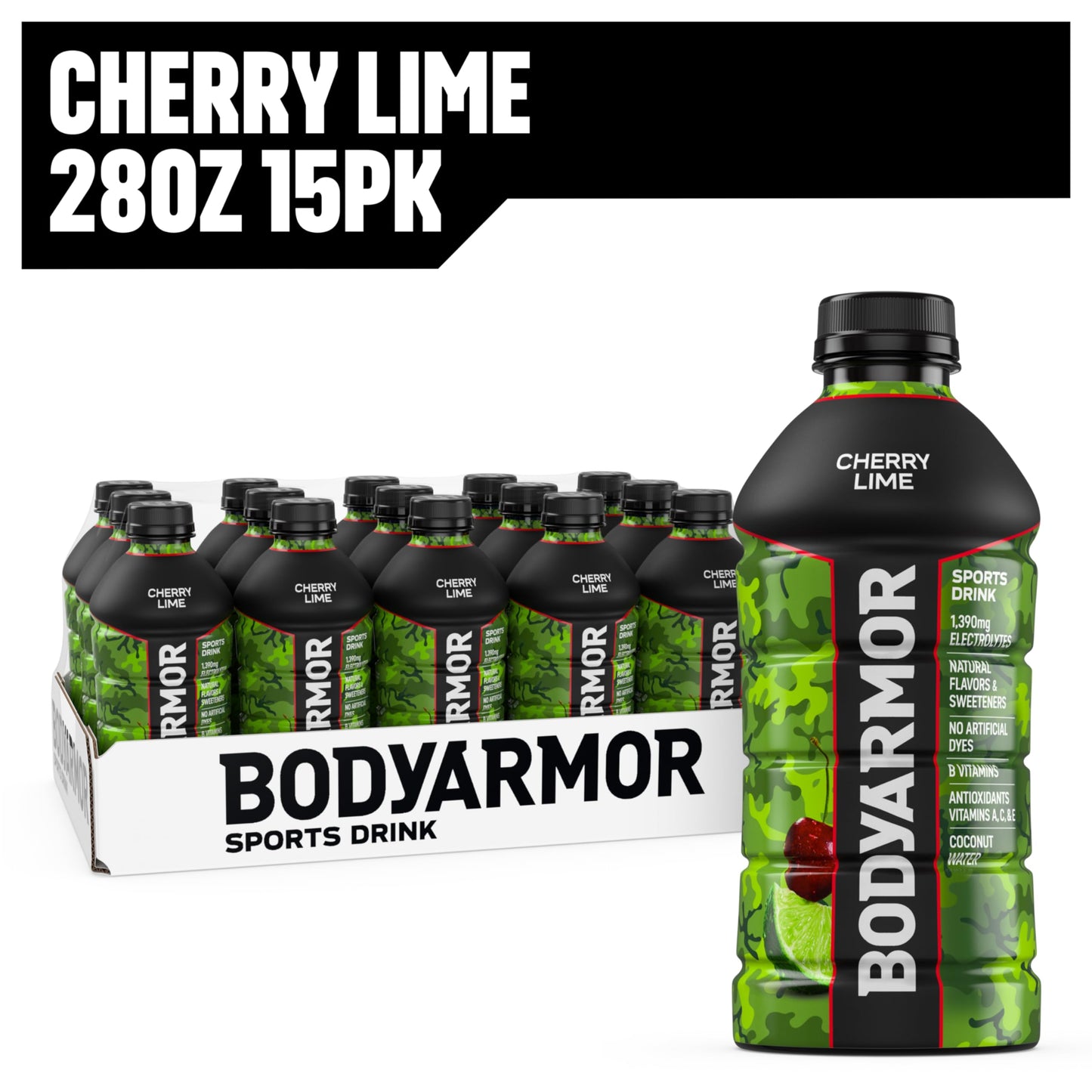 BODYprotective covering Sports Drink  Cherry Lime  Electrolyte Drink Hydration  28 Fl Oz Bottles (15 Pack)  Flavored Coconut Water with B Vitamins & Antioxidants