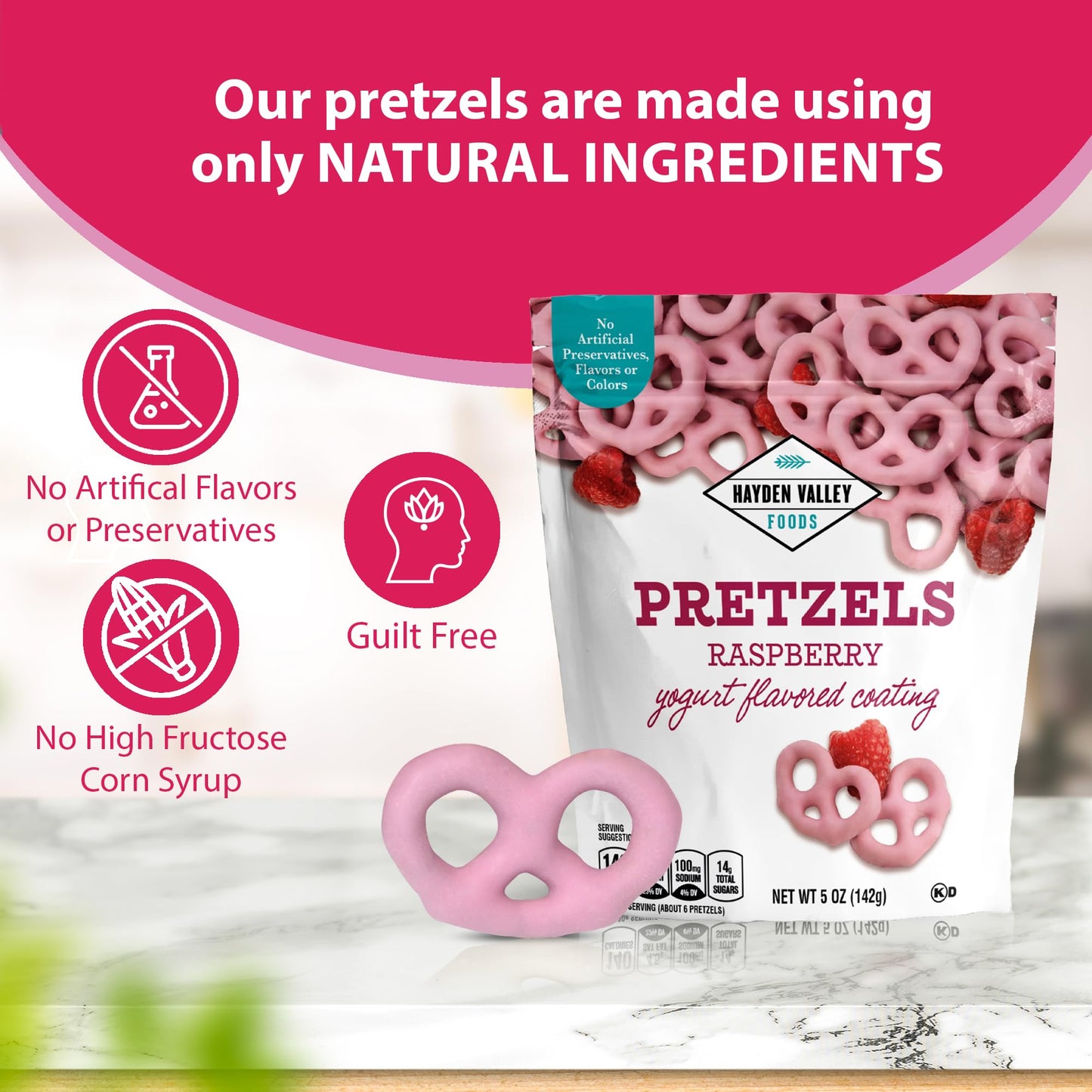 Hayden Valley Foods Raspberry Yogurt Covered Pretzels - Pack of 3 - No Artificial Flavors or Preservatives - 5 oz Bags