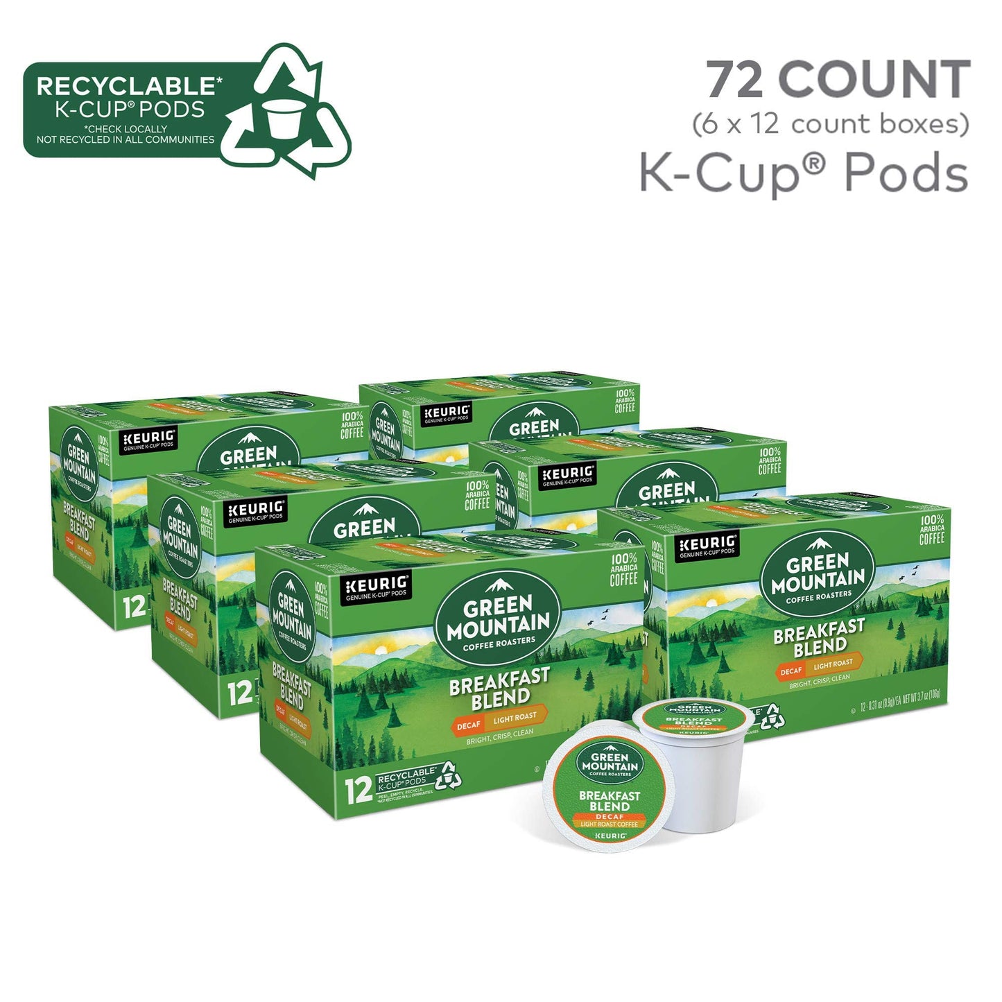 Green Mountain Coffee Roasters Breakfast Blend Decaf Keurig Single-Serve K-Cup Pods, Light Roast Coffee, 72 Count