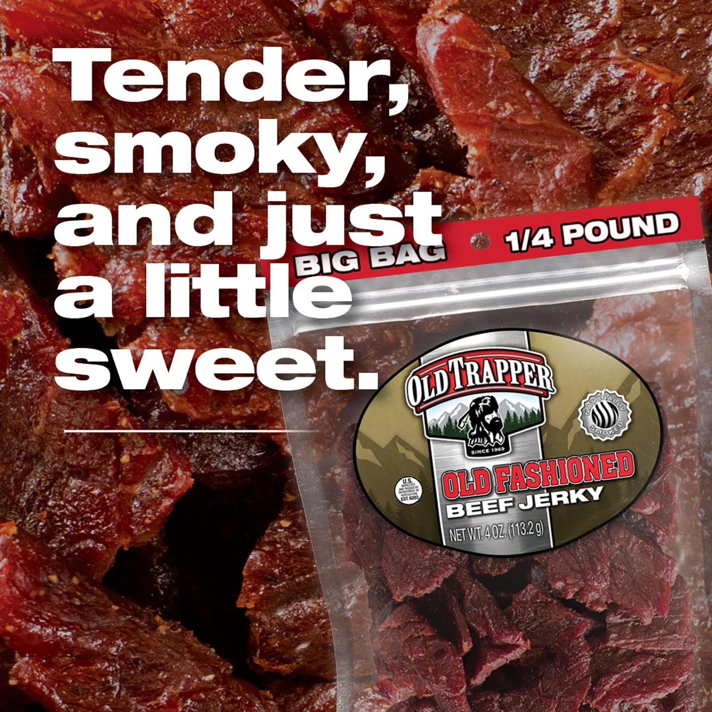 Old Trapper Beef Jerky, Old-Fashioned 1/4-Pound Individual Package, Tender Meat Snacks For Lunches Or Between Meals, 11 Grams Of