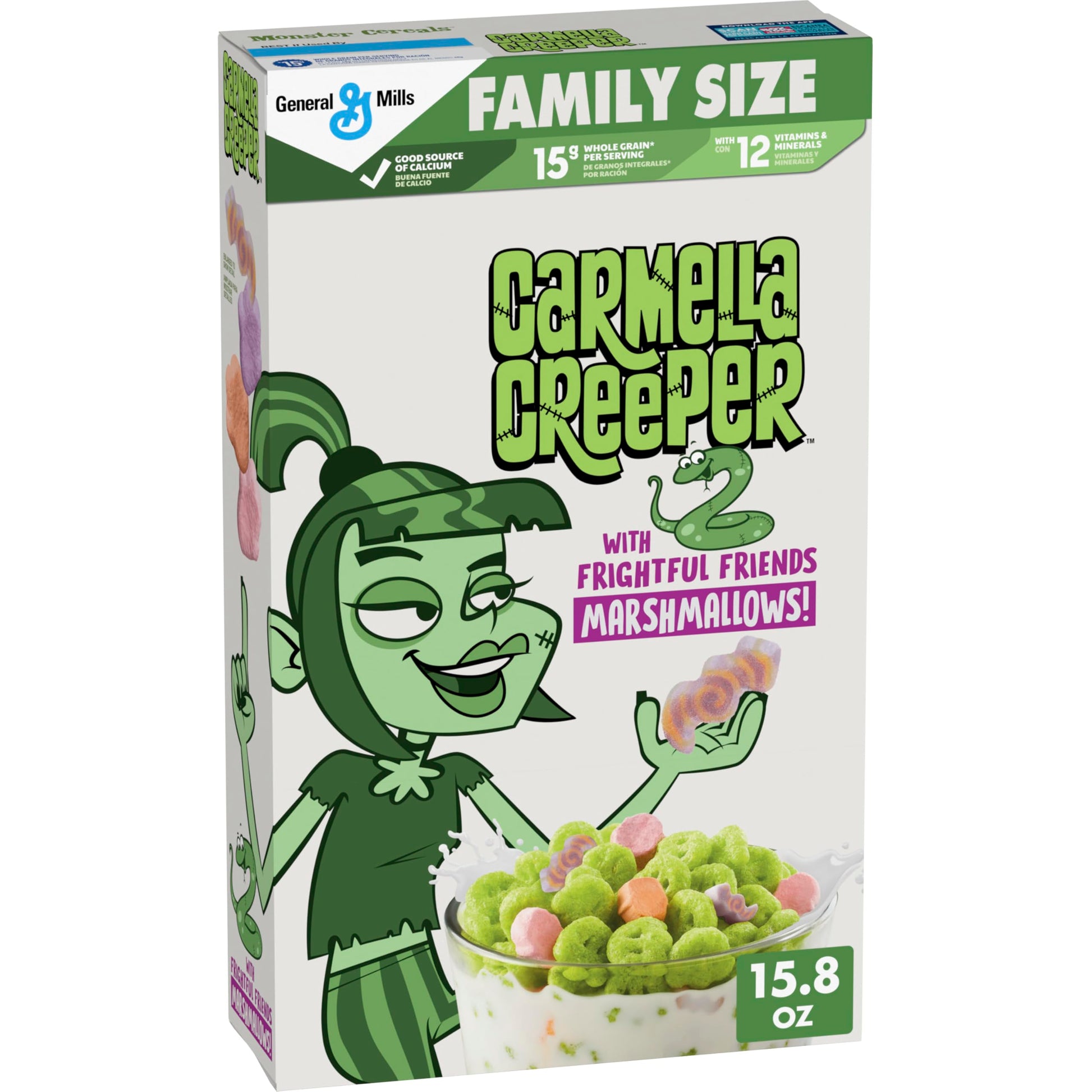 Carmella Creeper Cereal With Monster Marshmallows, Caramel Apple Flavored Kids Cereal, Limited Edition, Made With Whole Grain, Family Size, 15.8 Oz