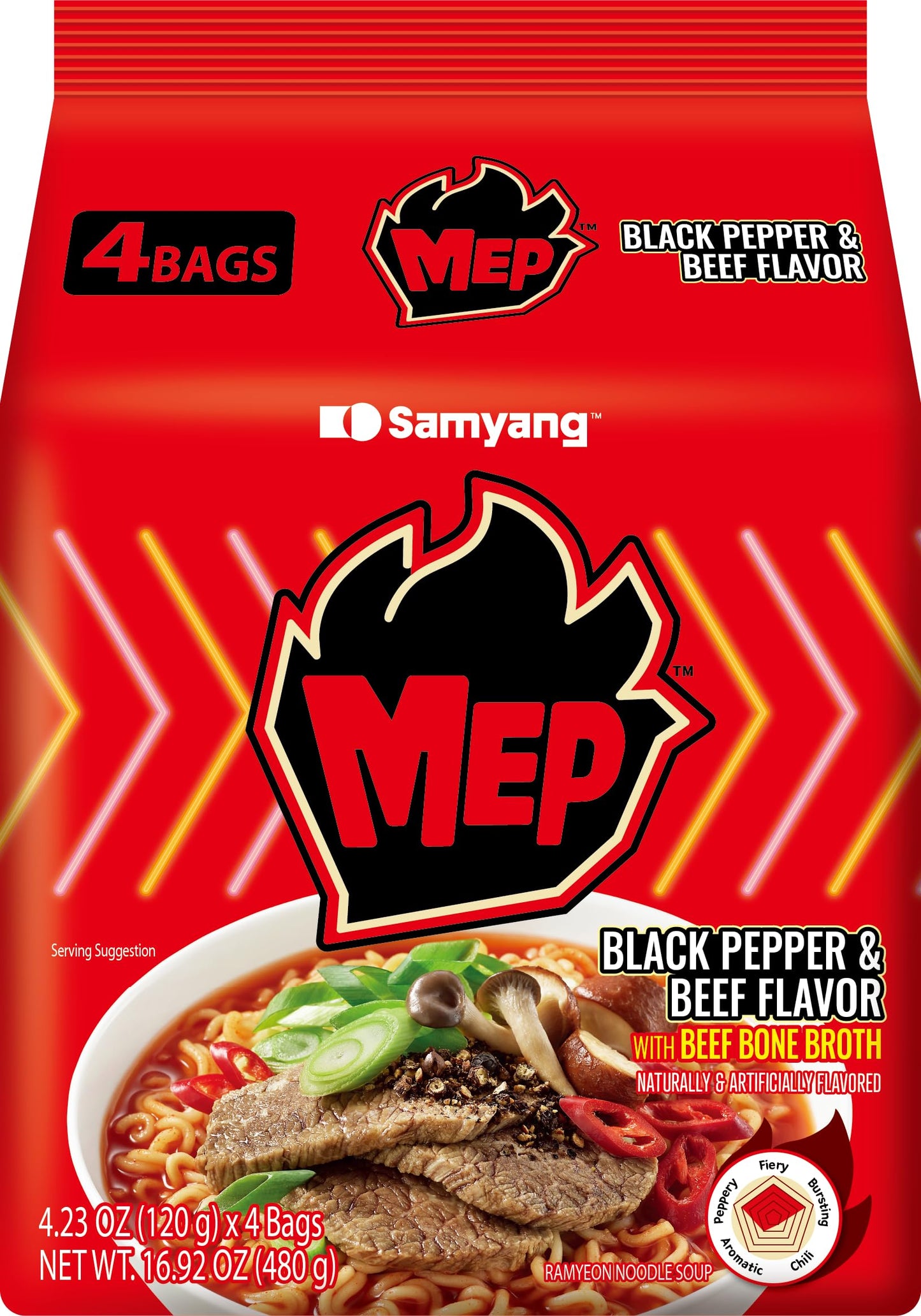 MEP Black Pepper and Beef Flavor, Instant Korean Ramen noodles, Spicy Ramyeon Noodle Soup [4.23 OZ (120g) x 4 Bags]