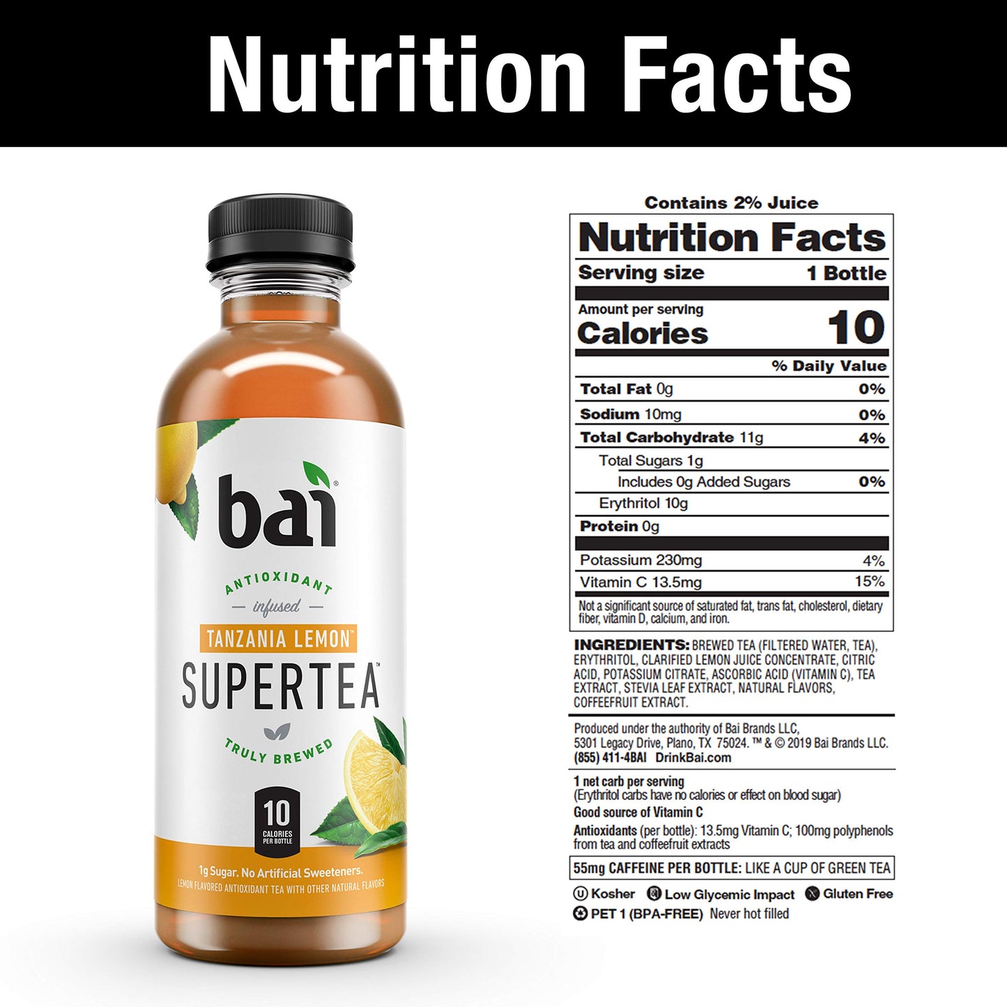 Bai Iced Tea, Antioxidant Infused Supertea, Tanzania Lemon, 18 Fl Oz Bottles, Pack of 12