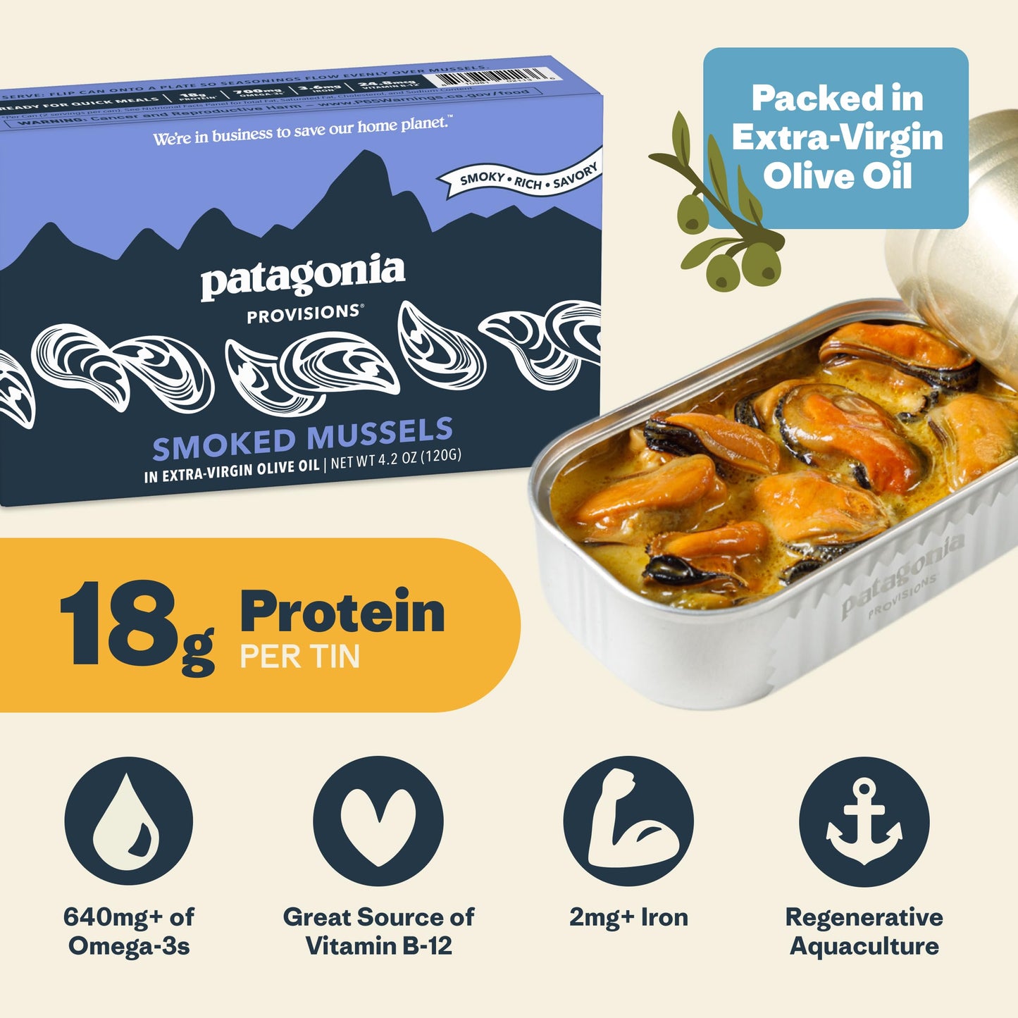 Patagonia Provisions Smoked Mussels in Olive Oil - 4.2 oz, Gluten Free, 18g Protein per Tin