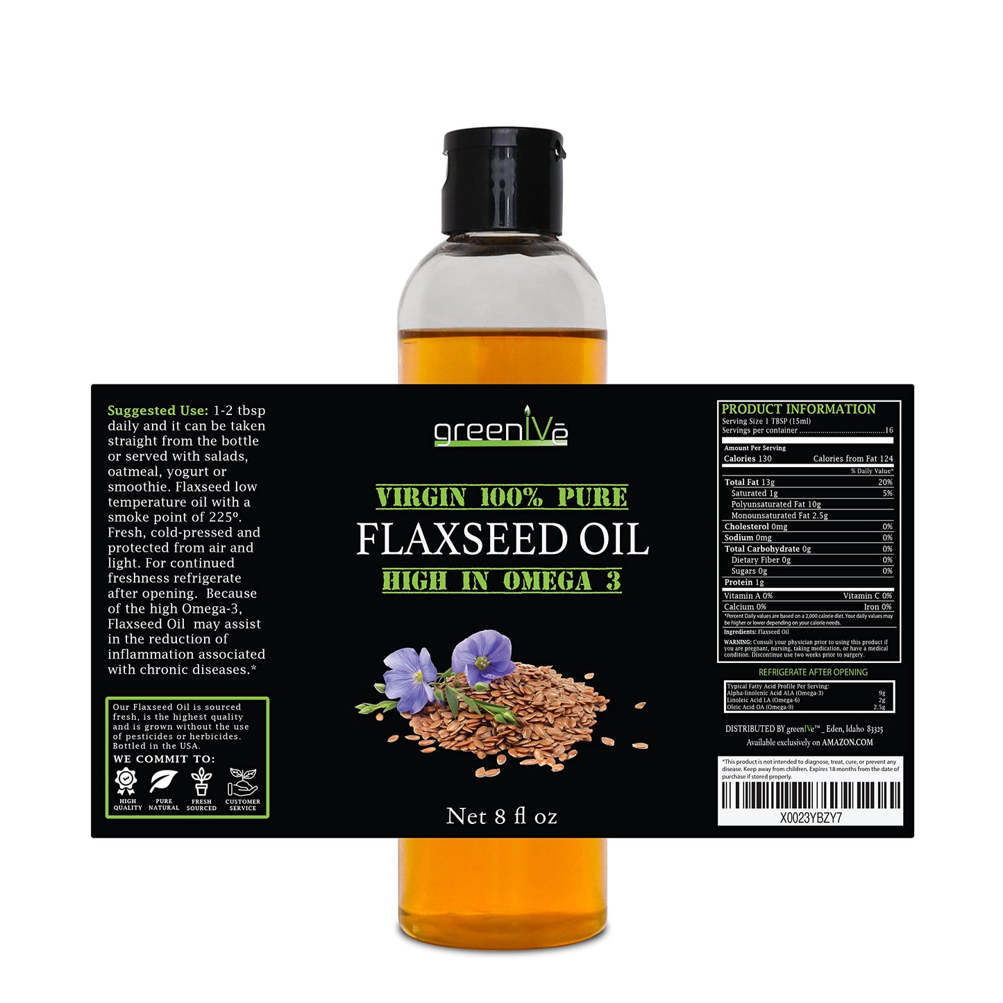 Greenive Flax Seed Oil Organically Grown100% Pure Cold Pressed High Vegan Omega Fatty Acids (8 Fl Oz)