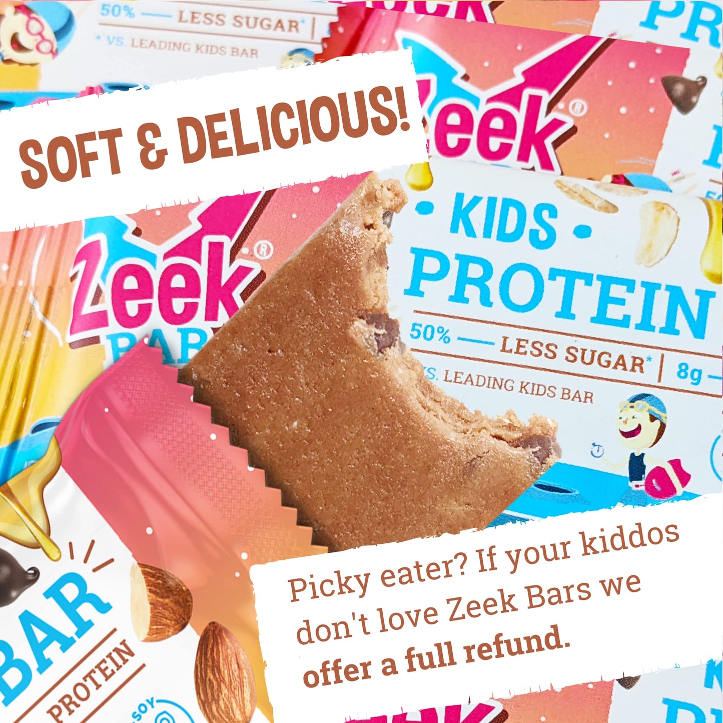 ZEEK BAR - Kids Protein Bars - 50% Less Sugar, 8g Protein - All Natural, Non-GMO, Gluten Free - Variety, 12 Count