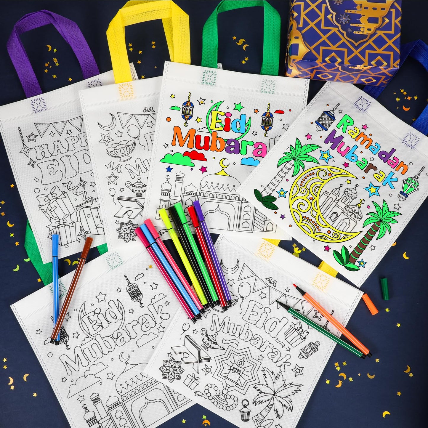 Howaf 12Pcs Eid Holiday Coloring Goodie Bags With Paint Pens For Kids, Eid Mubarak Coloring Candy Bags Ramadan Mubarak Coloring