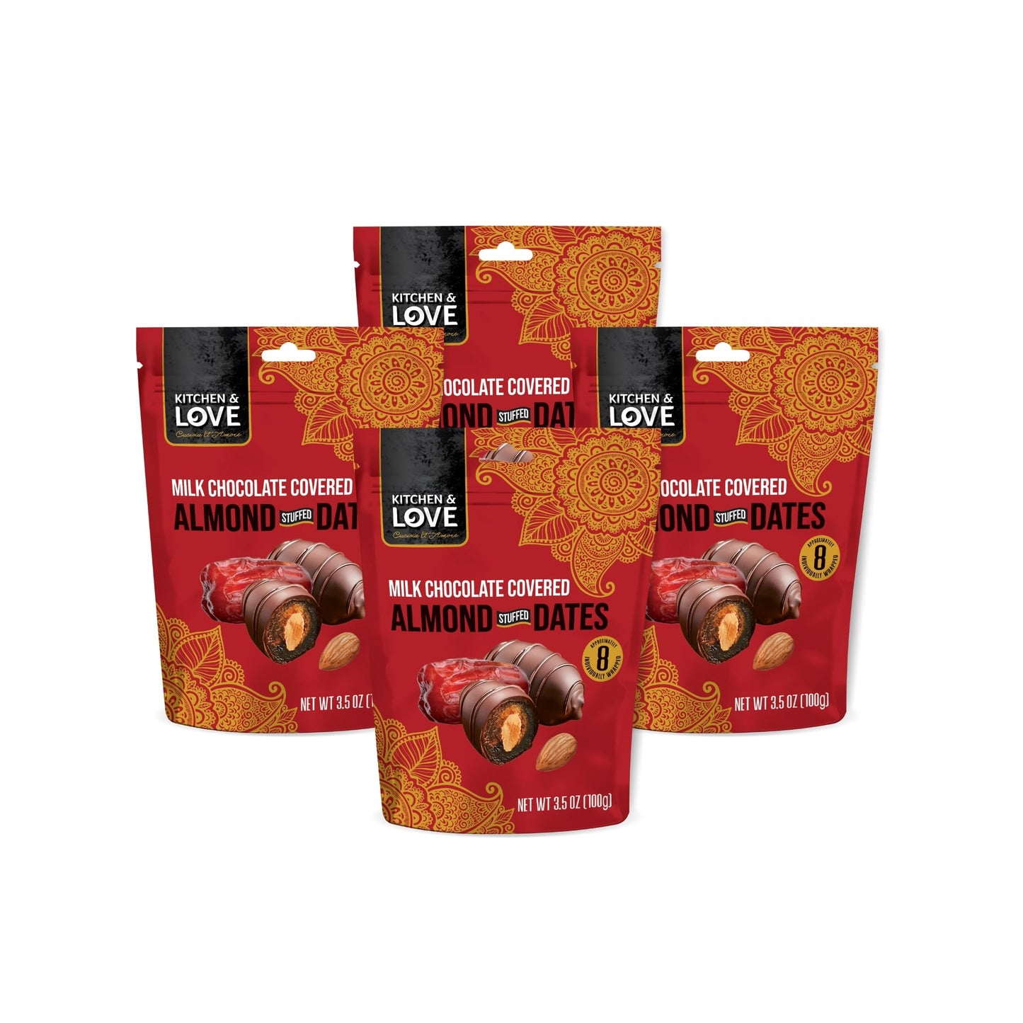 Kitchen & Love Milk Chocolate Covered Almond Stuffed Dates In A Convenient Resealable Pouch  8 Individually Wrapped Pieces  Healthy Snack  3.5 Oz Pouch (Pack Of 4)