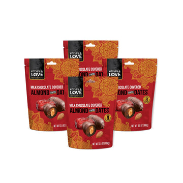 Kitchen & Love Milk Chocolate Covered Almond Stuffed Dates In A Convenient Resealable Pouch  8 Individually Wrapped Pieces  Healthy Snack  3.5 Oz Pouch (Pack Of 4)
