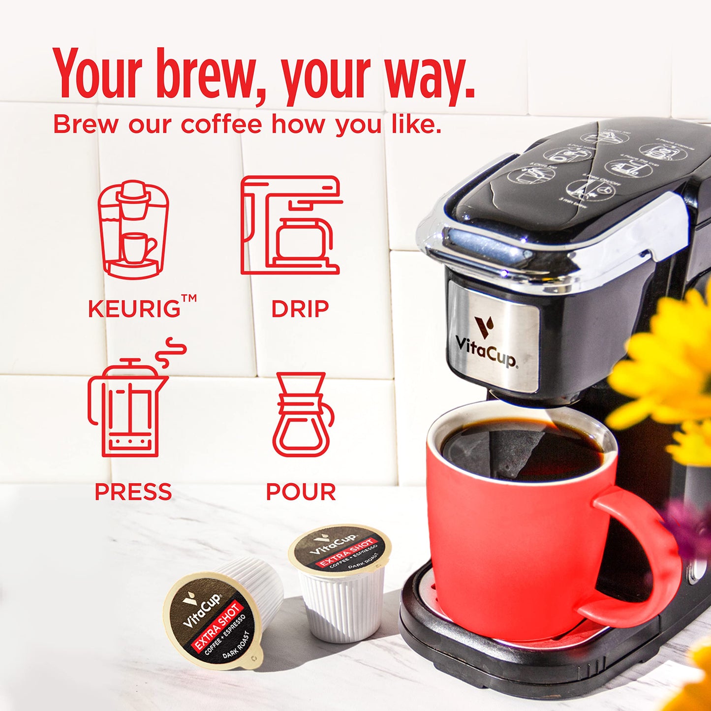 VitaCup Extra Shot Strong Coffee Pods  Bold & Intense Dark Roast w/Espresso Shot  High Caffeine  Vitamin B12  Antioxidants  Recyclable Single Serve Pod Compatible with Keurig K-Cup malt-inspired  64ct