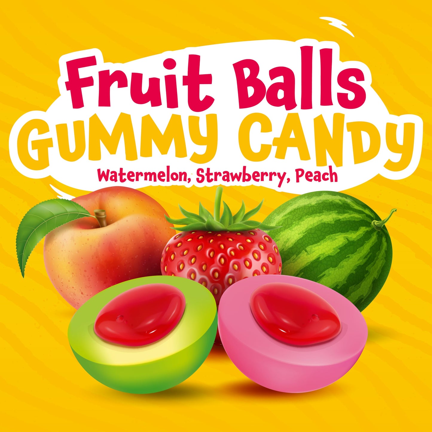 Fruit Gummy Balls Mix - 19 Ounce Jar (30 Count) - Jelly Filled Gummies - Individually Wrapped Gummy Candy - Watermelon  Strawberry  Peach - Candy for Goody Bags by Funtasty