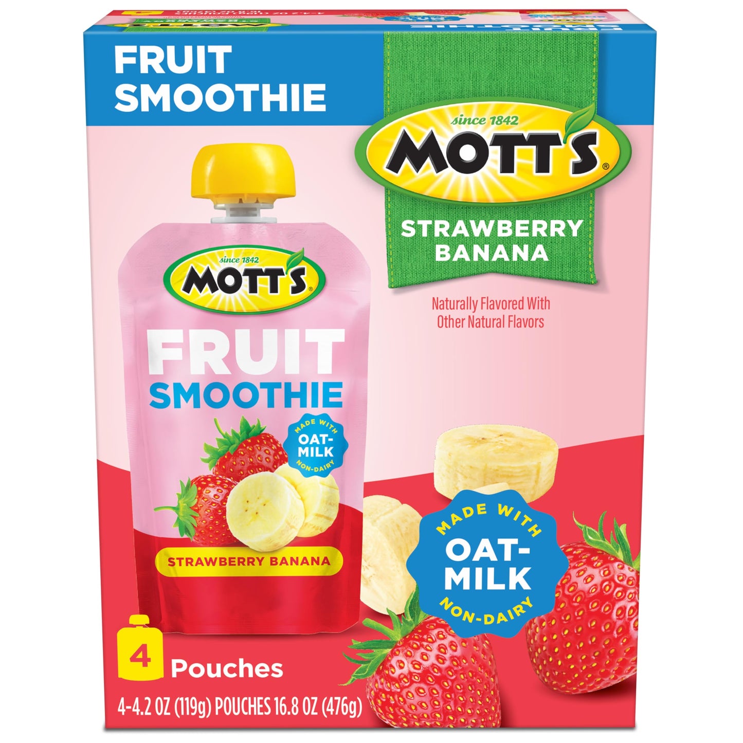 Motts Fruit Smoothies Strawberry Banana, 4.2 oz Clear Pouches, 24 Count (6 Packs of 4), Non-dairy, Made With Oatmilk, Made With