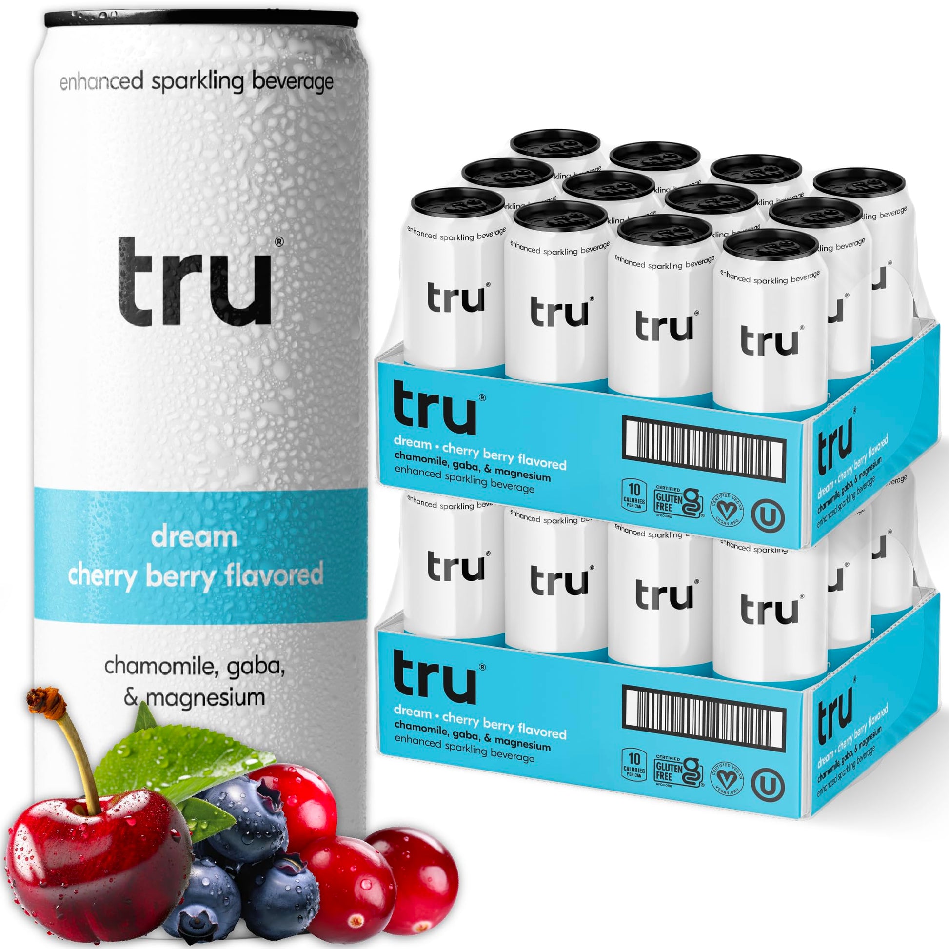 Tru Dream Seltzer Calming Drinks, Tart Cherry Flavor, 12 Fl Oz, Pack of 24, Vegan, Gluten Free, No Sugar Added