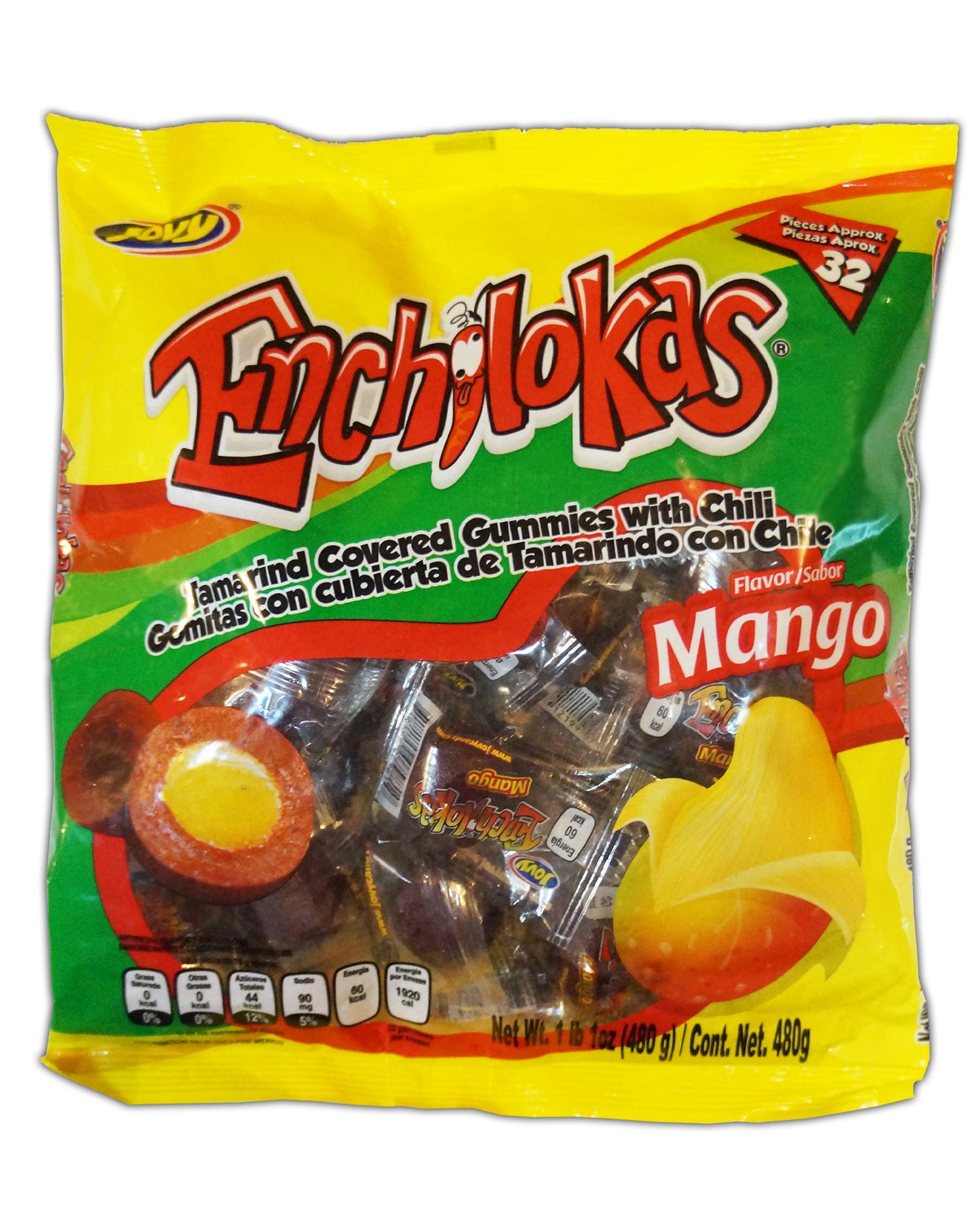 Jovy Enchilokas Candy. Mango Flavored Tamarind Covered Gummies With Chili. Net Wt 1-Lb 1-Oz
