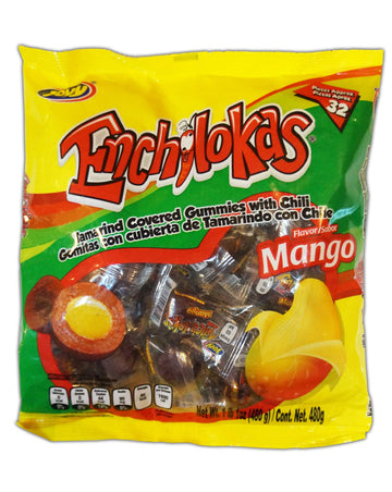 Jovy Enchilokas Candy. Mango Flavored Tamarind Covered Gummies With Chili. Net Wt 1-Lb 1-Oz