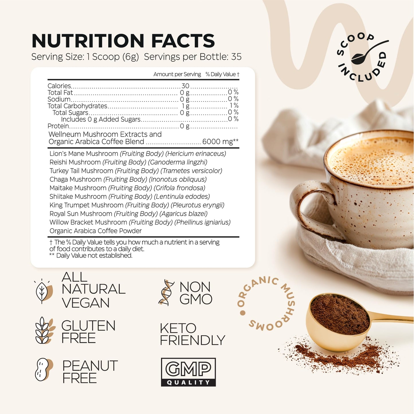 Wellneum Mushroom Coffee - 10-in-1 Superfood Adaptogen Mix - 7.4 oz - Sugar Free - Brown