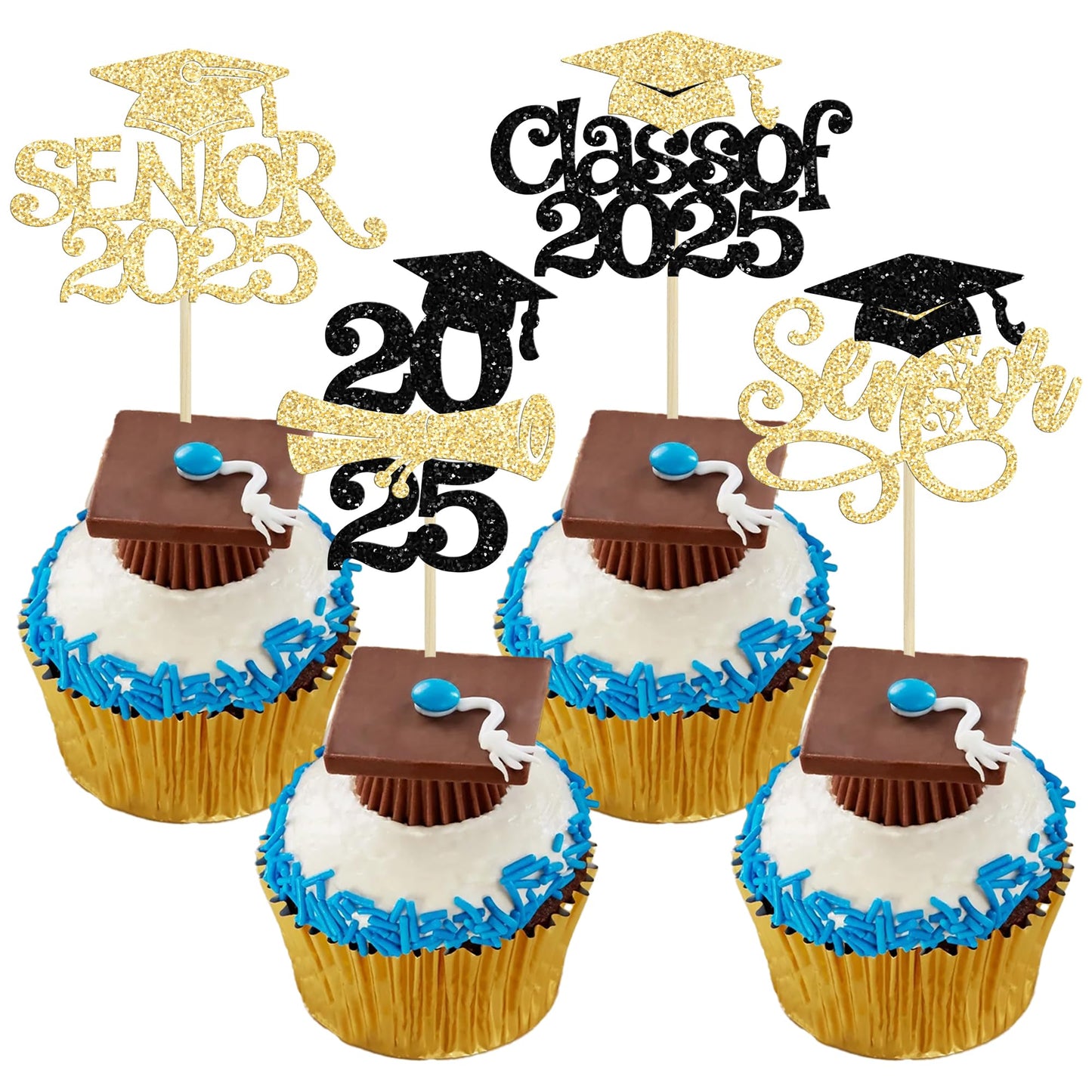 Gyufise 24Pcs Graduation Cupcake Toppers, Glitter Senior Class of 2025 Decorations, Gold Paper Picks