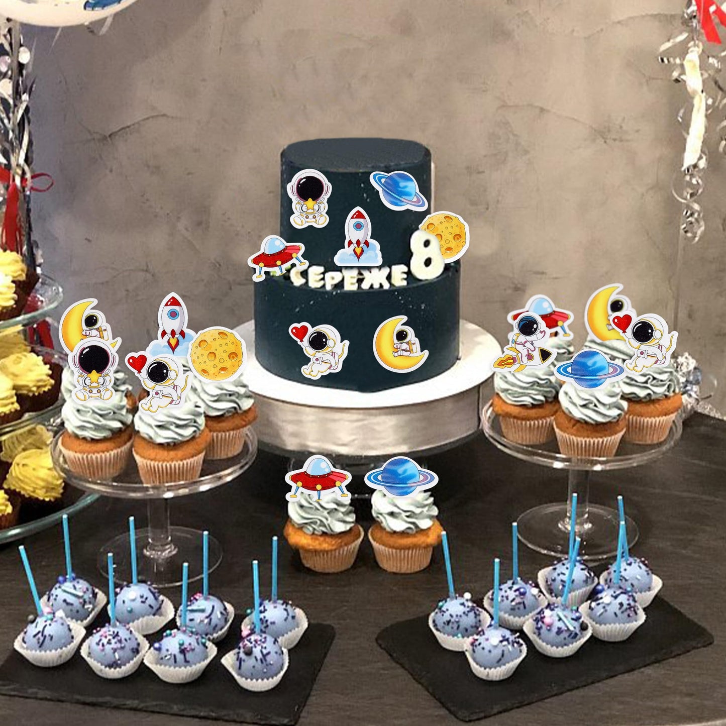 Cyodoos 40Pcs Edible Outer Space Cupcake Toppers Space Astronaut Cupcake Picks Rocket Planet Trip To The Moon Cake Decoration Fo