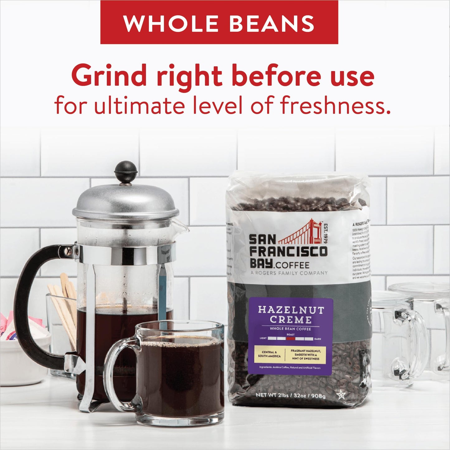 San Francisco Bay Whole Bean Coffee - Hazelnut Crème (2Lb Bag), Flavored, Medium Roast