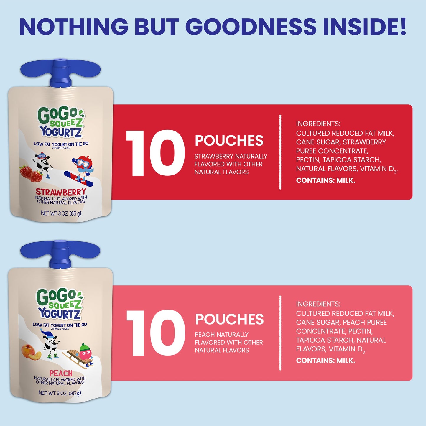 GoGo SqueeZ YogurtZ Variety Pack, Strawberry & Peach, 3 oz (Pack of 20), Gluten Free, Nut Free, BPA Free Pouches