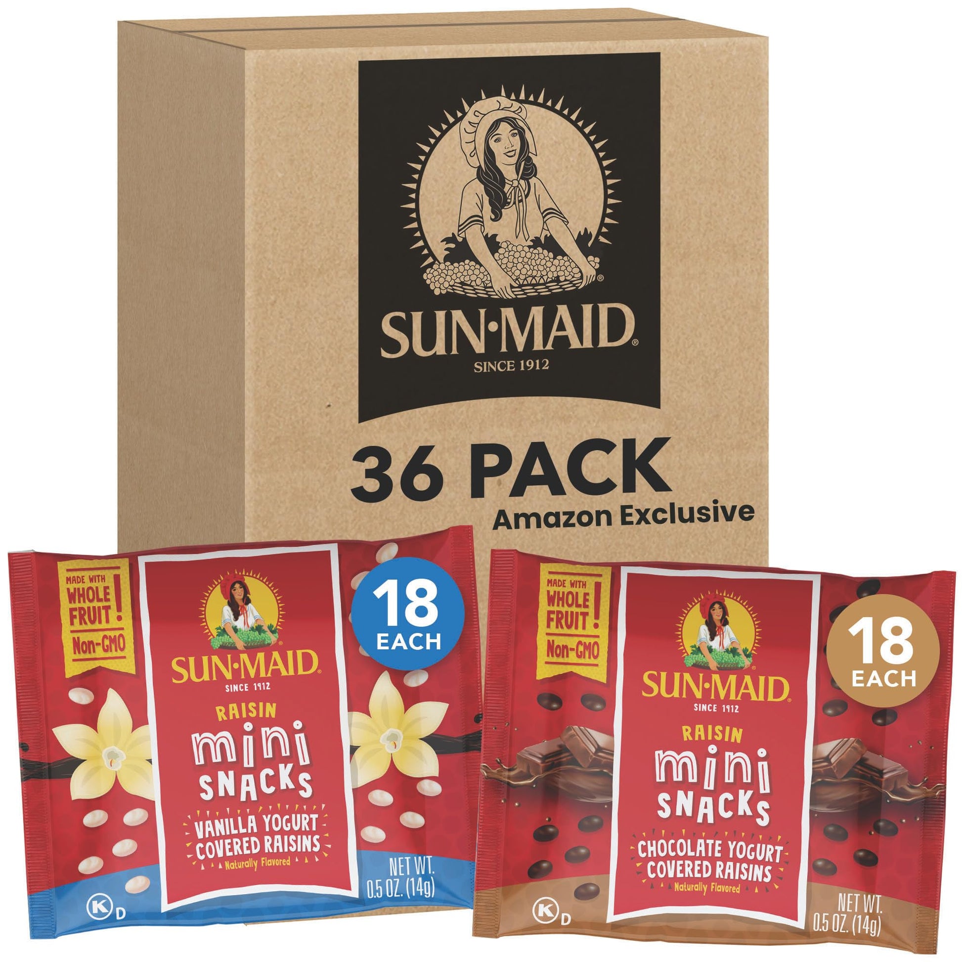 Sun-Maid Vanilla & Chocolate Yogurt Coated Raisins Variety Pack - (36 Pack) 0.5 oz Mini Snack-Size Bag - Yogurt Covered Dried Fruit for Lunches and Back to School Snacks (large online retailer limited availability)