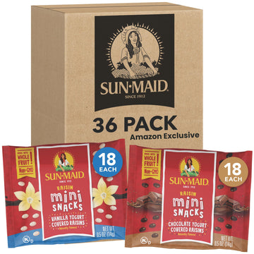 Sun-Maid Vanilla & Chocolate Yogurt Coated Raisins Variety Pack - (36 Pack) 0.5 oz Mini Snack-Size Bag - Yogurt Covered Dried Fruit for Lunches and Back to School Snacks (large online retailer limited availability)