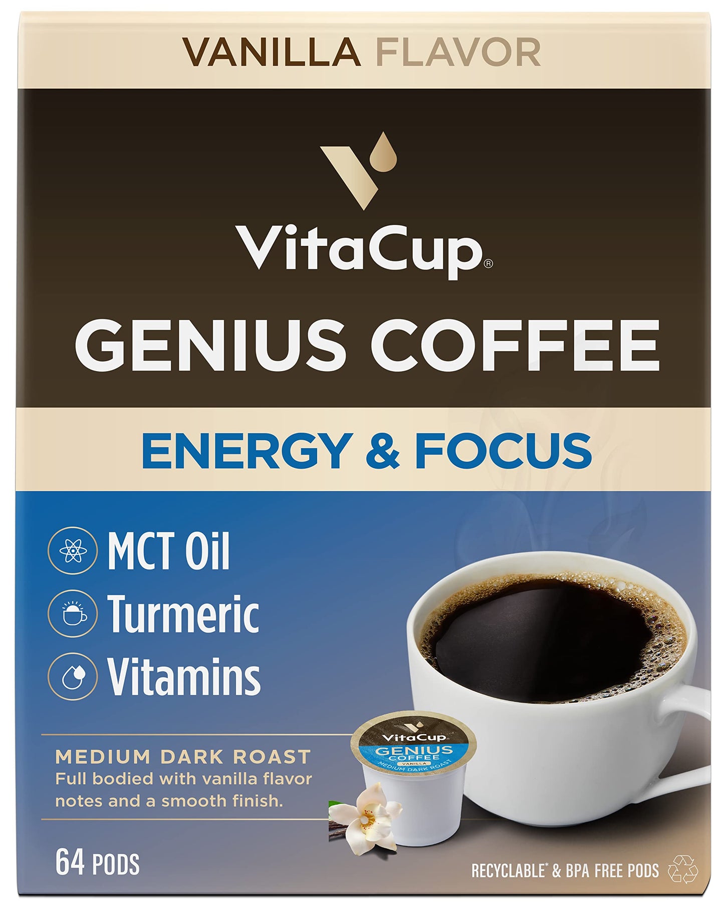 VitaCup Genius Vanilla Keto Coffee Pods with MCT Oil, B Vitamins & D3, 64 Count, Compatible with K-Cup Brewers