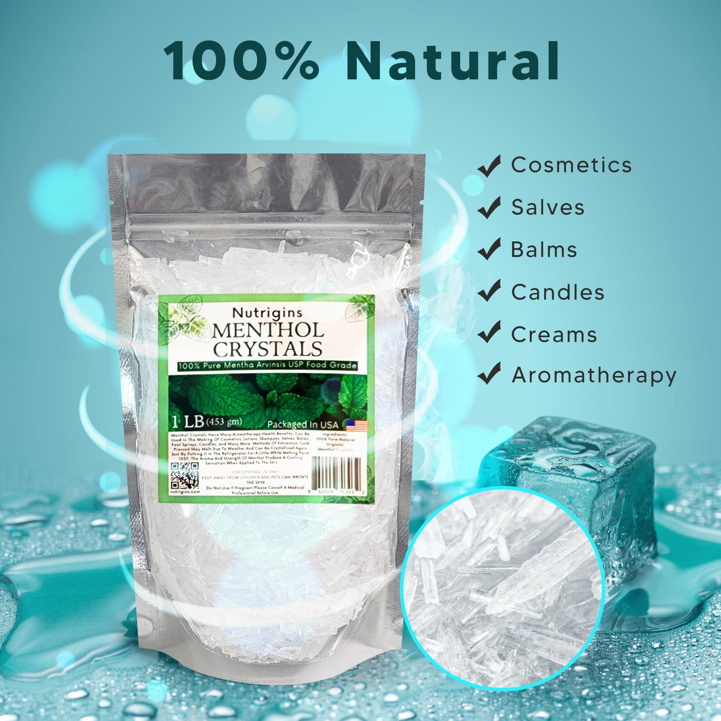 Nutrigins Menthol Crystal 1 Lb - Pure Organic 100% Natural - Menthol Crystals From Mint Crystal Mints Mentha Arvensis - Comes In Resealable Standup Bag For Long-Lasting Freshness