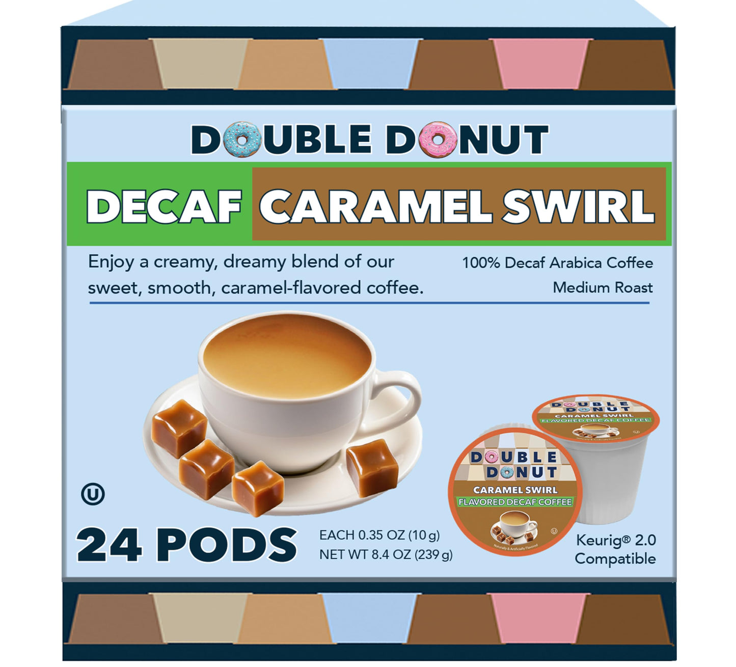 Double Donut Coffee Caramel Swirl Medium Roast Decaf Coffee Pods for Keurig - 24 Count