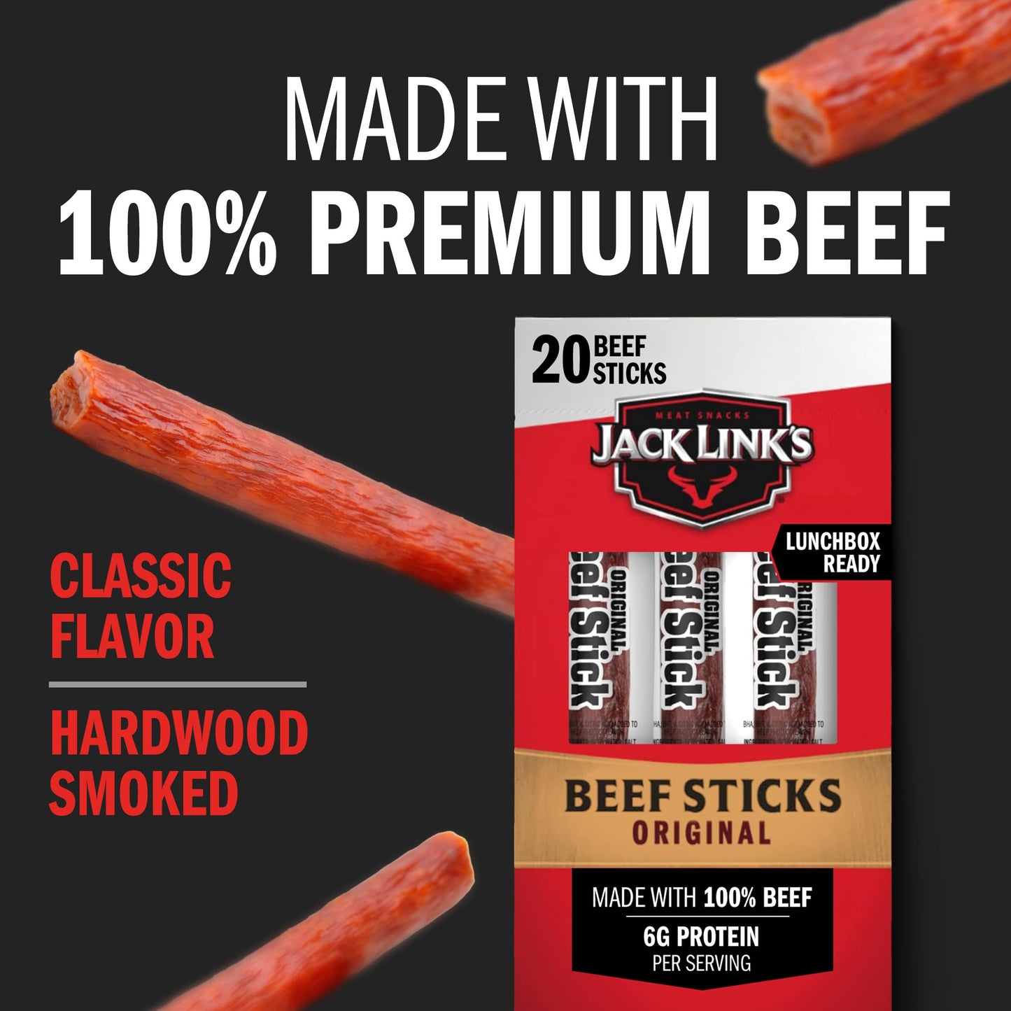 Jack Link's Beef Sticks, Original - Protein Snack, Meat Stick with 6g of Protein, Made with 100% Beef, Individually Wrapped Beef