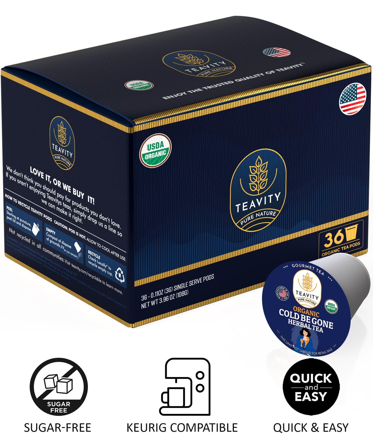 Organic Rooibos Tea Pods For Keurig With Lemon, Mint, Licorice - Unsweetened Decaf Tea For K Cup Brewing By Teavity (36 Tea Pods