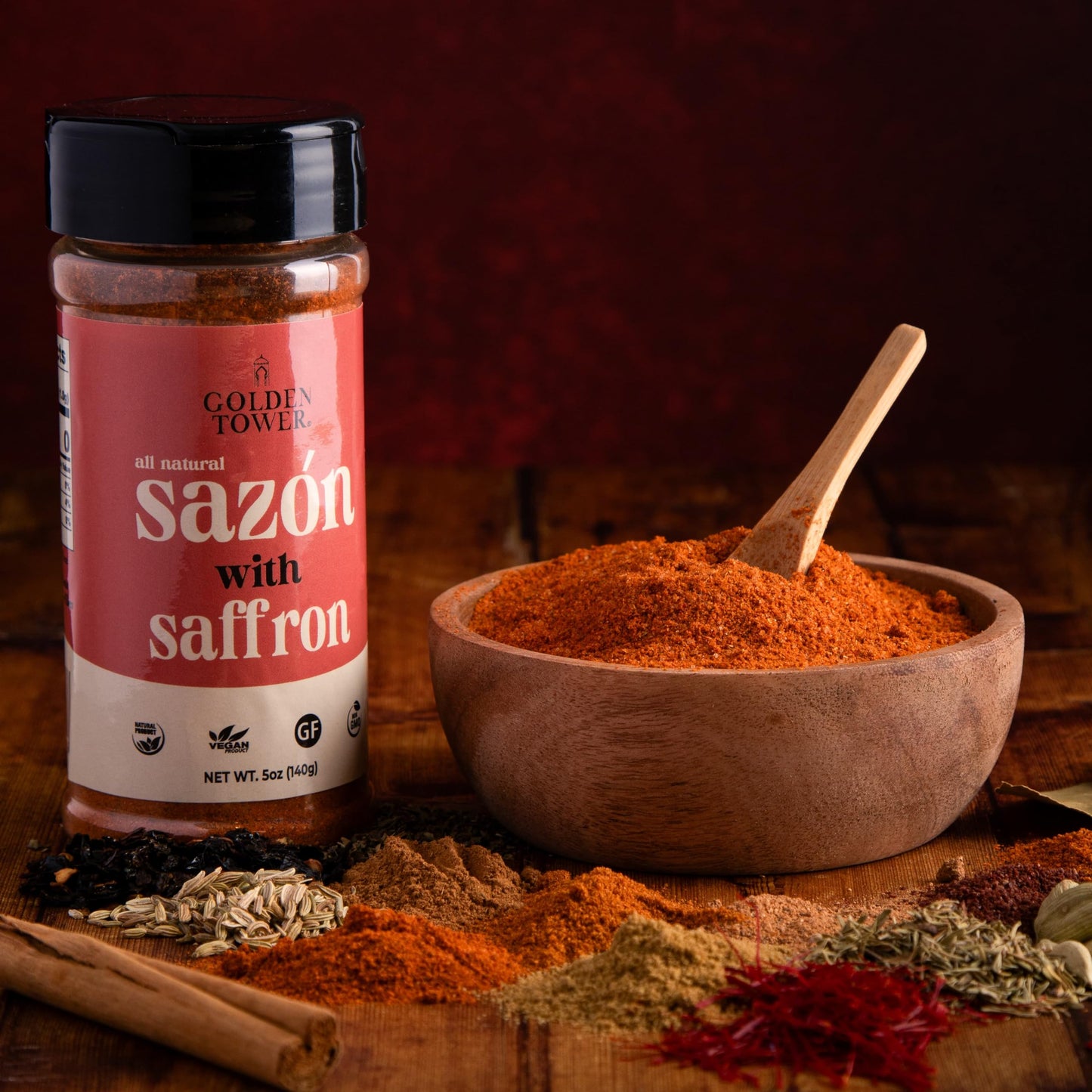 Golden Tower Sazon With Saffron - Saz  N Seasoning, All Natural Ingredients, Non-Gmo, No-Msg, Gluten Free, Vegan, 5Oz Pack