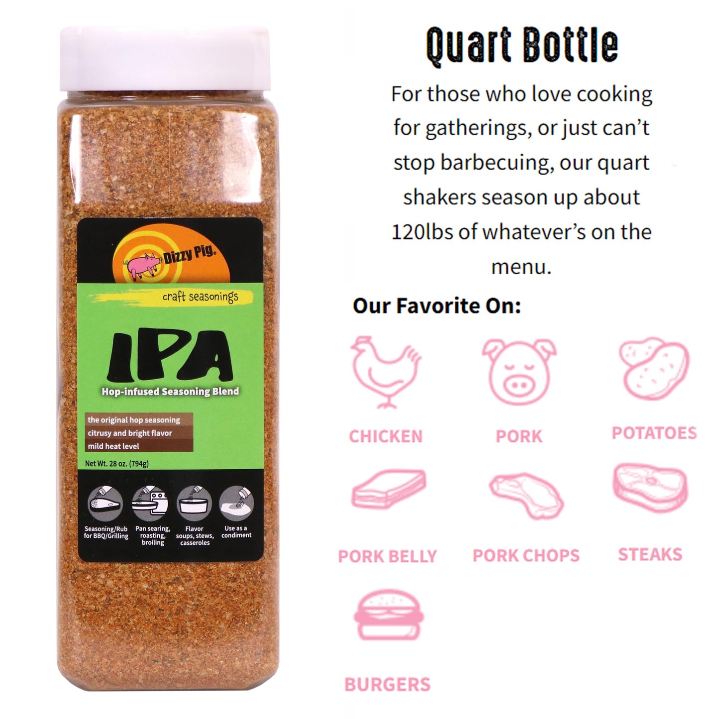 Dizzy Pig Ipa Hop-Infused Seasoning Rub Blend (Quart Shaker) - Seasons Around 120Lbs Of Food - Hand Made In The Usa - Msg Free,