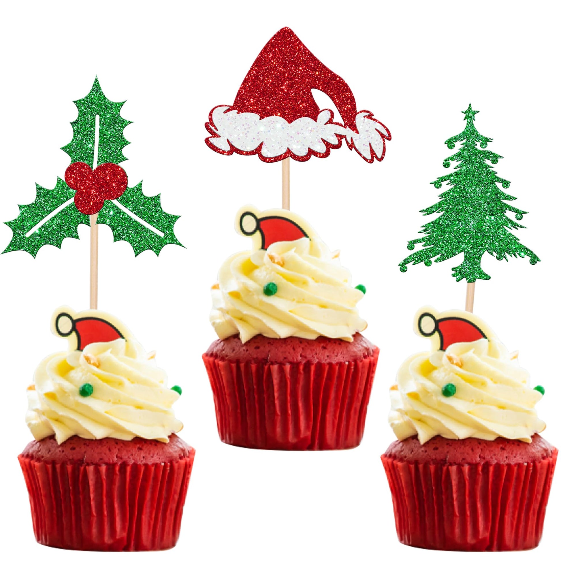 24 Pcs Christmas Holly Leaves And Berries Cupcake Toppers Glitter Santa Hat Christmas Tree Cupcake Picks Winter Merry Christmas Theme Birthday Party Cake Decorations Supplies
