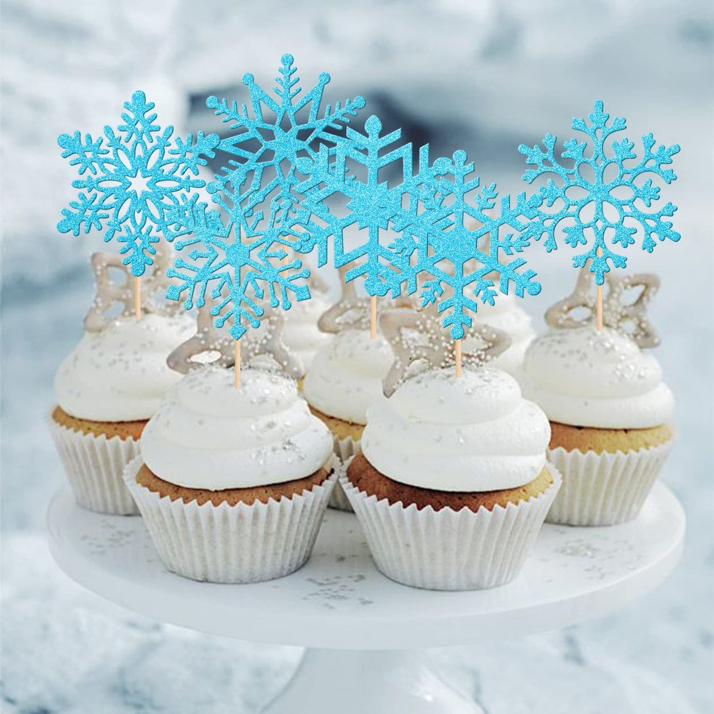 ZHUOWEISM Snowflake Cupcake Toppers, 36 PCS, Silver, Bamboo, Winter Theme Cake Decorations for Kids Birthday and Baby Shower