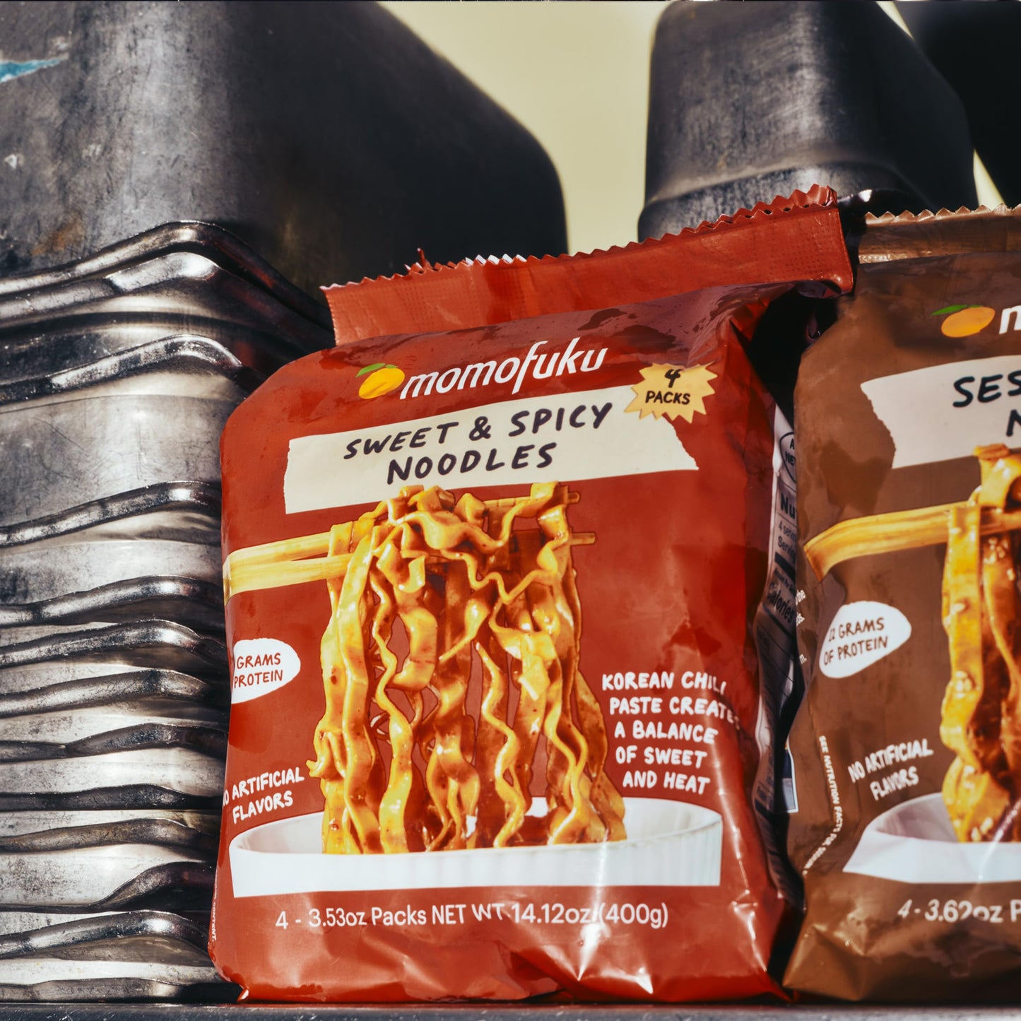 Sweet and Spicy Noodles Ramen Noodles by David Chang, 4 Pack of Restaurant Quality Air-Dried Instant Noodles Now with More Sauce