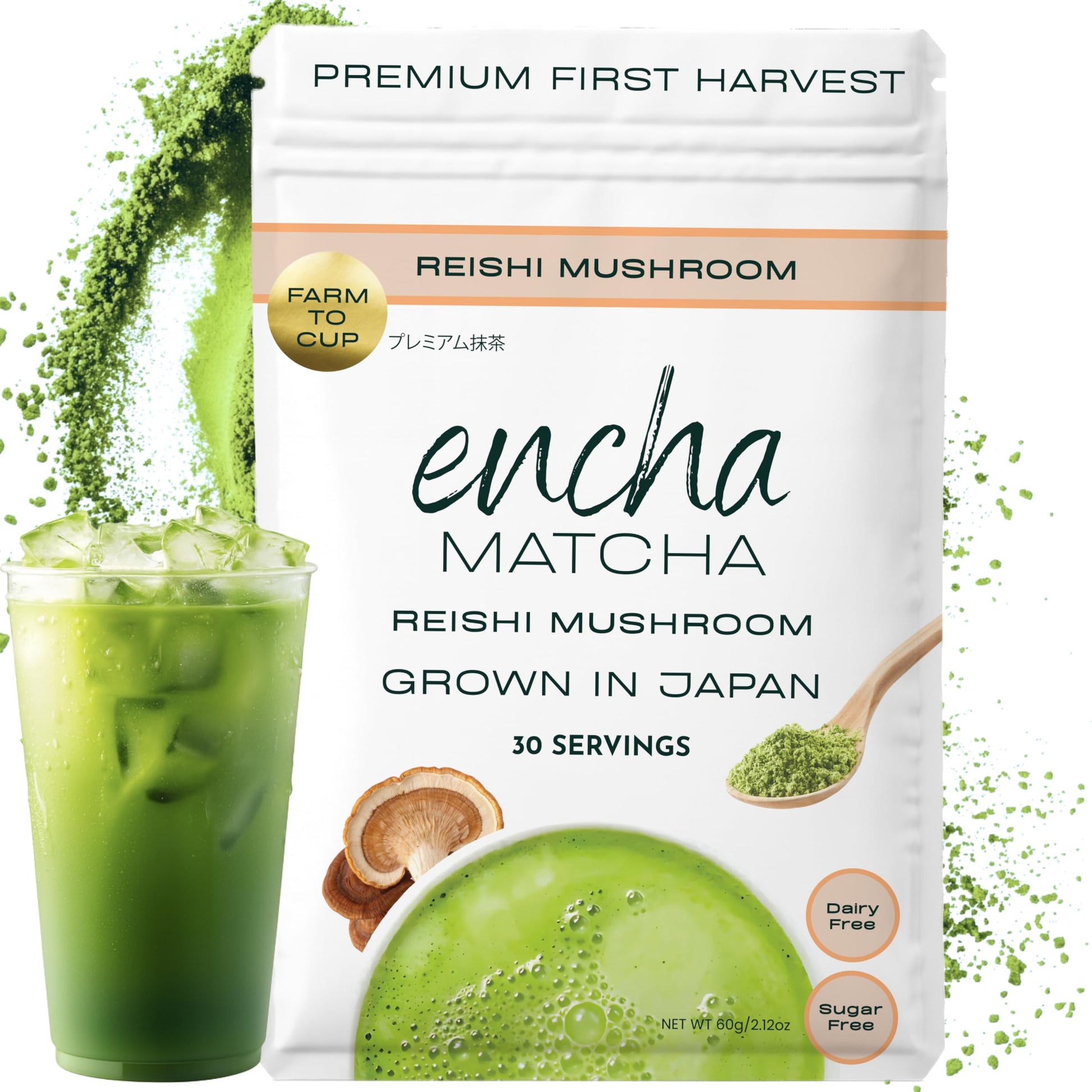 Encha Matcha Latte Powder - Reishi Mushroom Matcha Powder - First Harvest - Top-Grade Japanese Macha - 60G / 2.12Oz